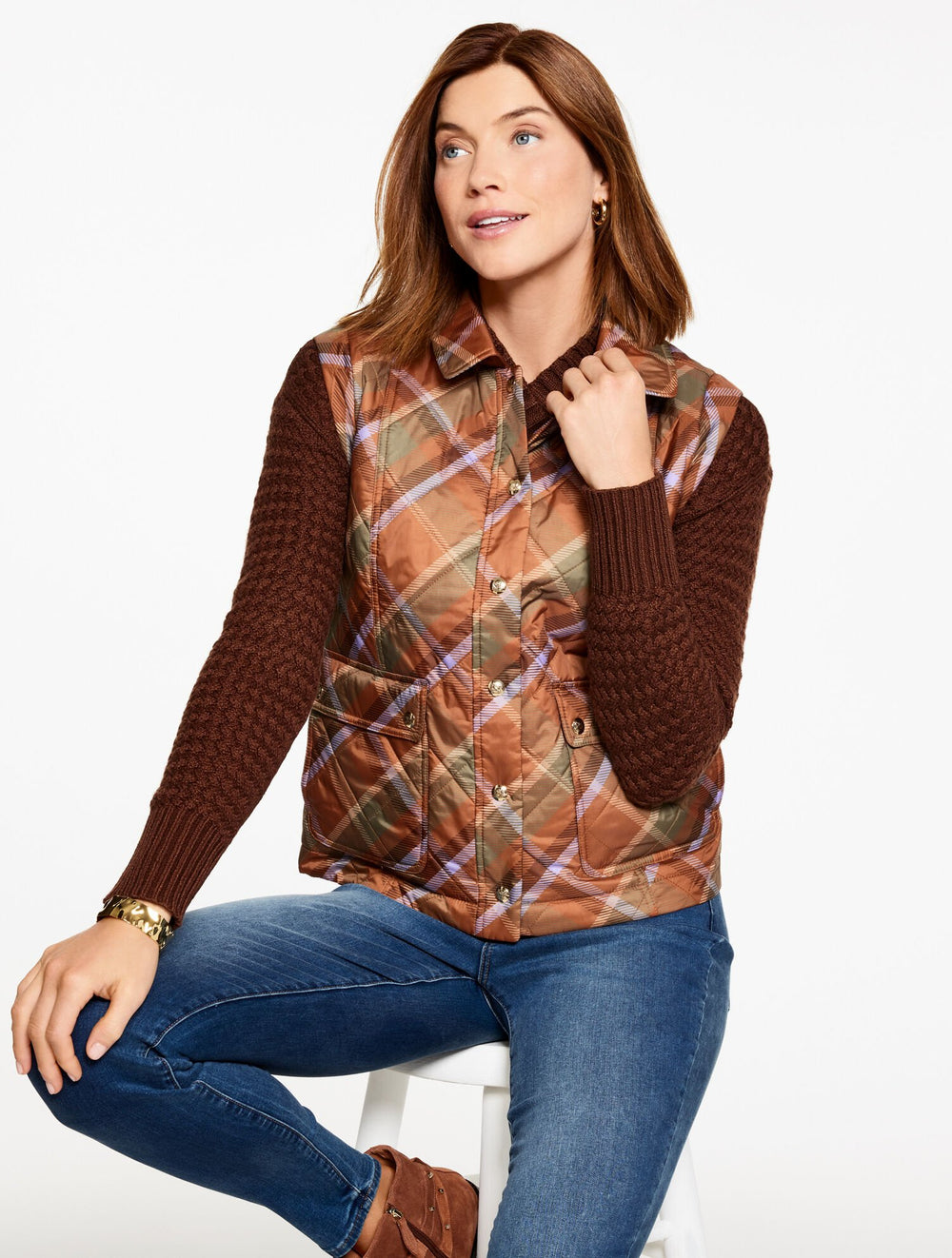 ACORN BROWN MULTI QUILTED BARN VEST - KELLYNCH PLAID | Talbots on sale