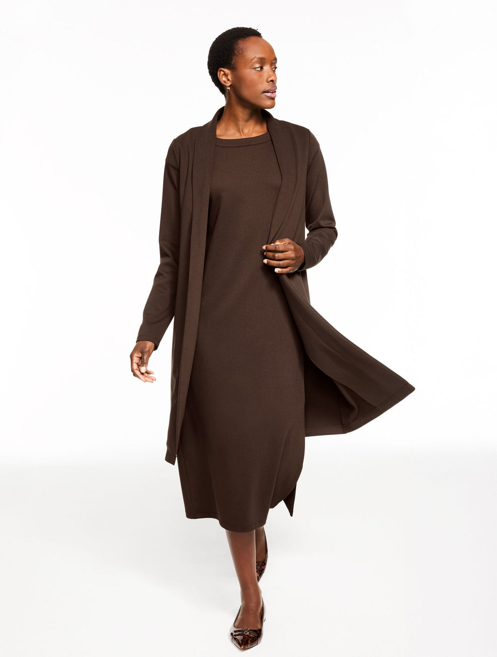 BLACK|COFFEE BEAN PASSPORT PONTE DUSTER CARDIGAN | Talbots for sale