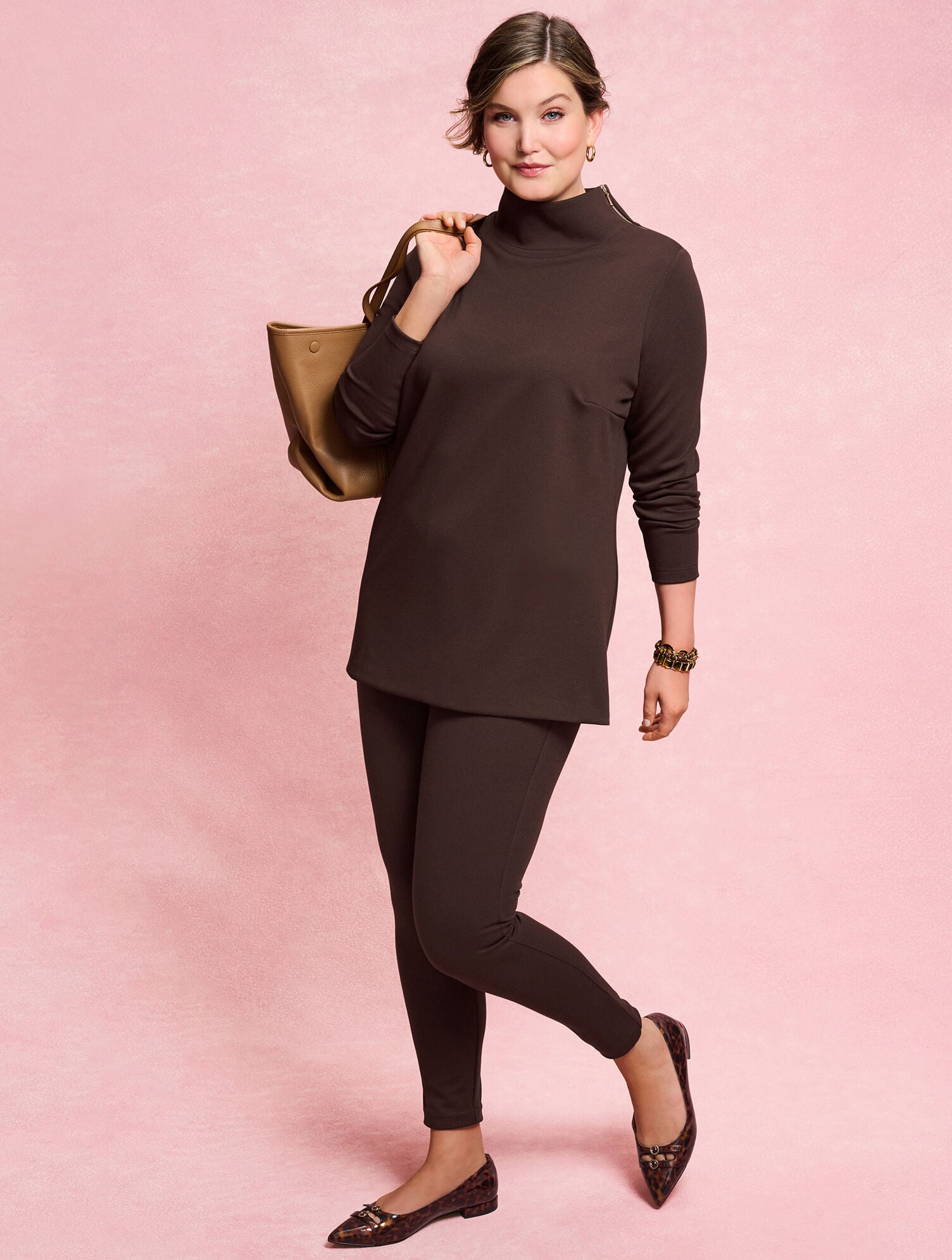 BLACK|COFFEE BEAN PASSPORT PONTE ZIP SHOULDER TUNIC PULLOVER | Talbots sale
