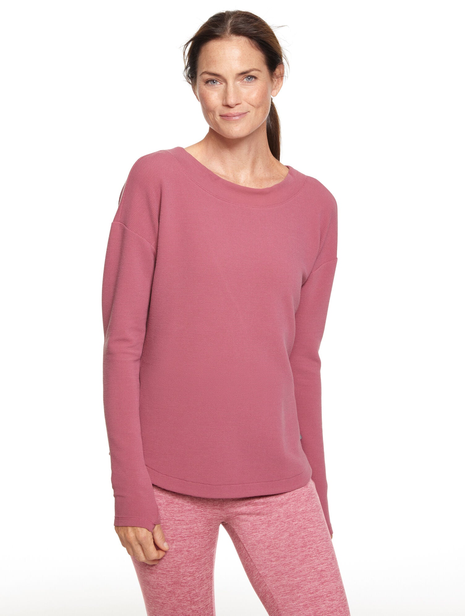 BLACK|MAUVELOUS|SHADOW HEATHER TECH WAFFLE KNIT OPEN BACK PULLOVER | Talbots US
