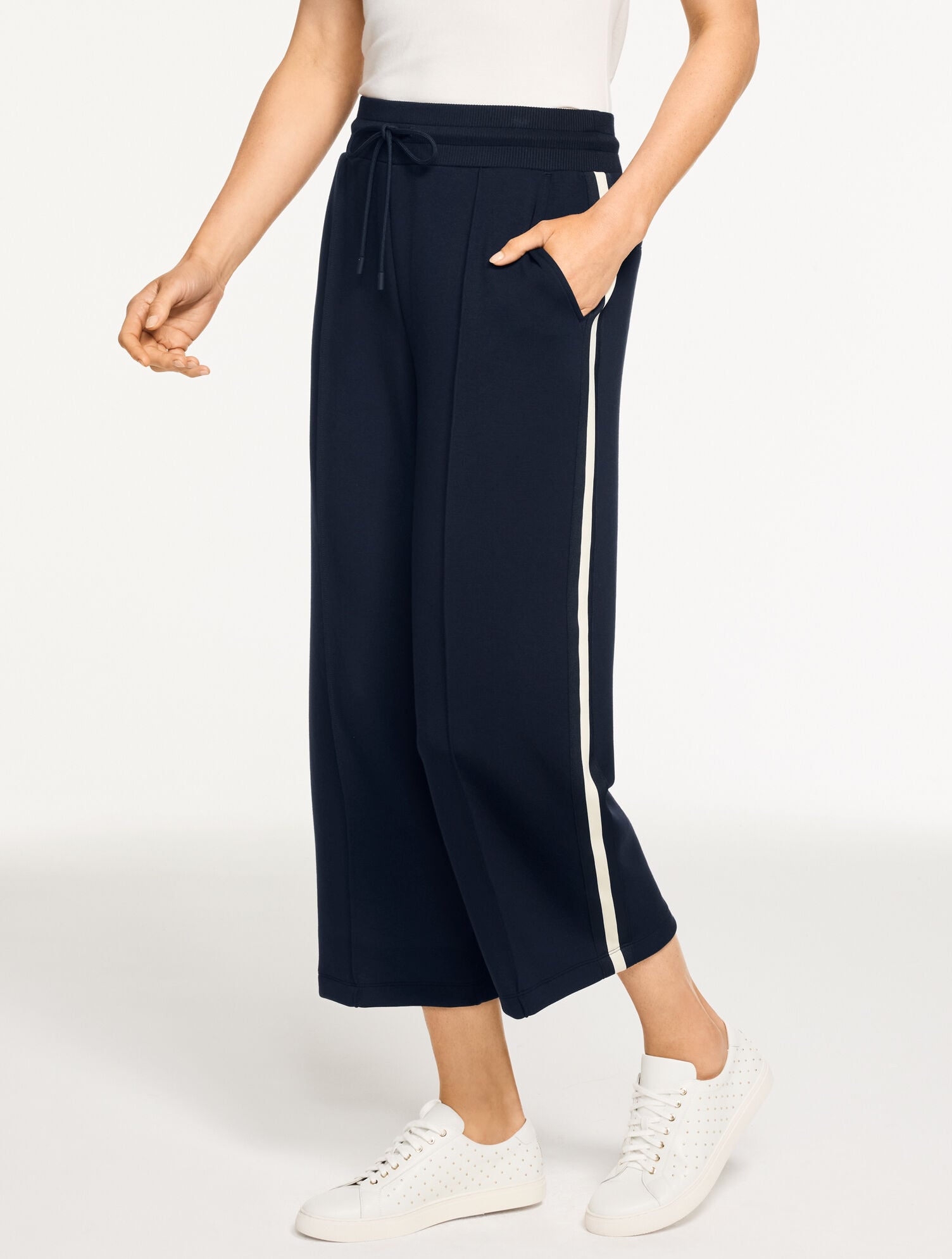 INDIGO AIRKNIT STRETCH WIDE CROP SIDE STRIPE PANTS | Talbots sale