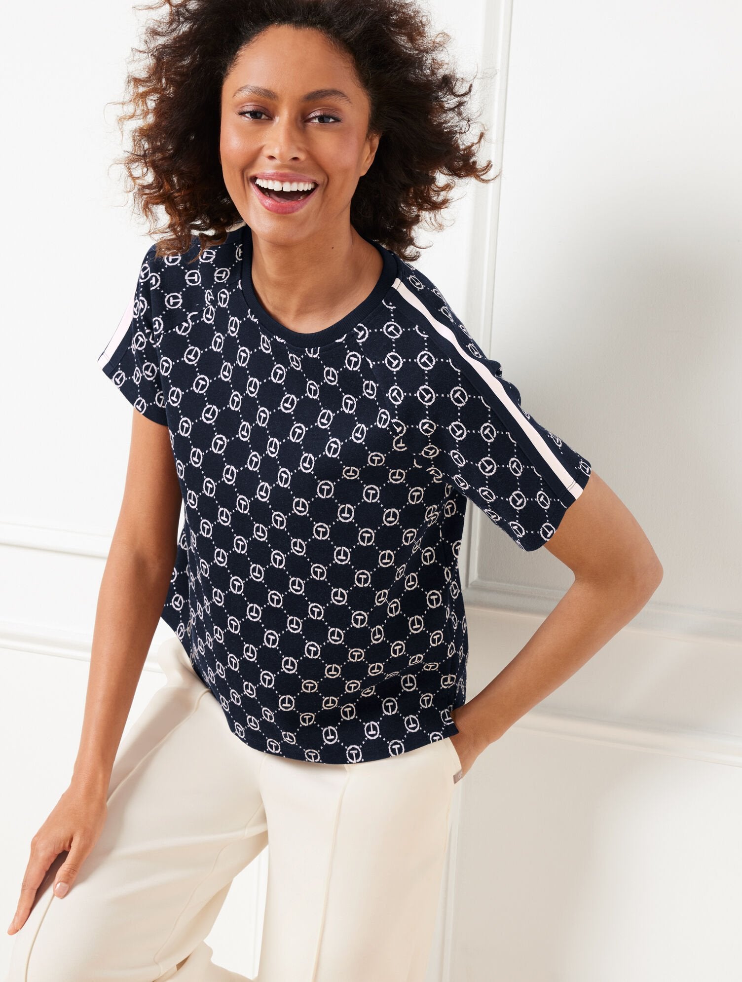 INDIGO/IVORY LOGO JACQUARD CREWNECK BOXY TEE | Talbots outlet