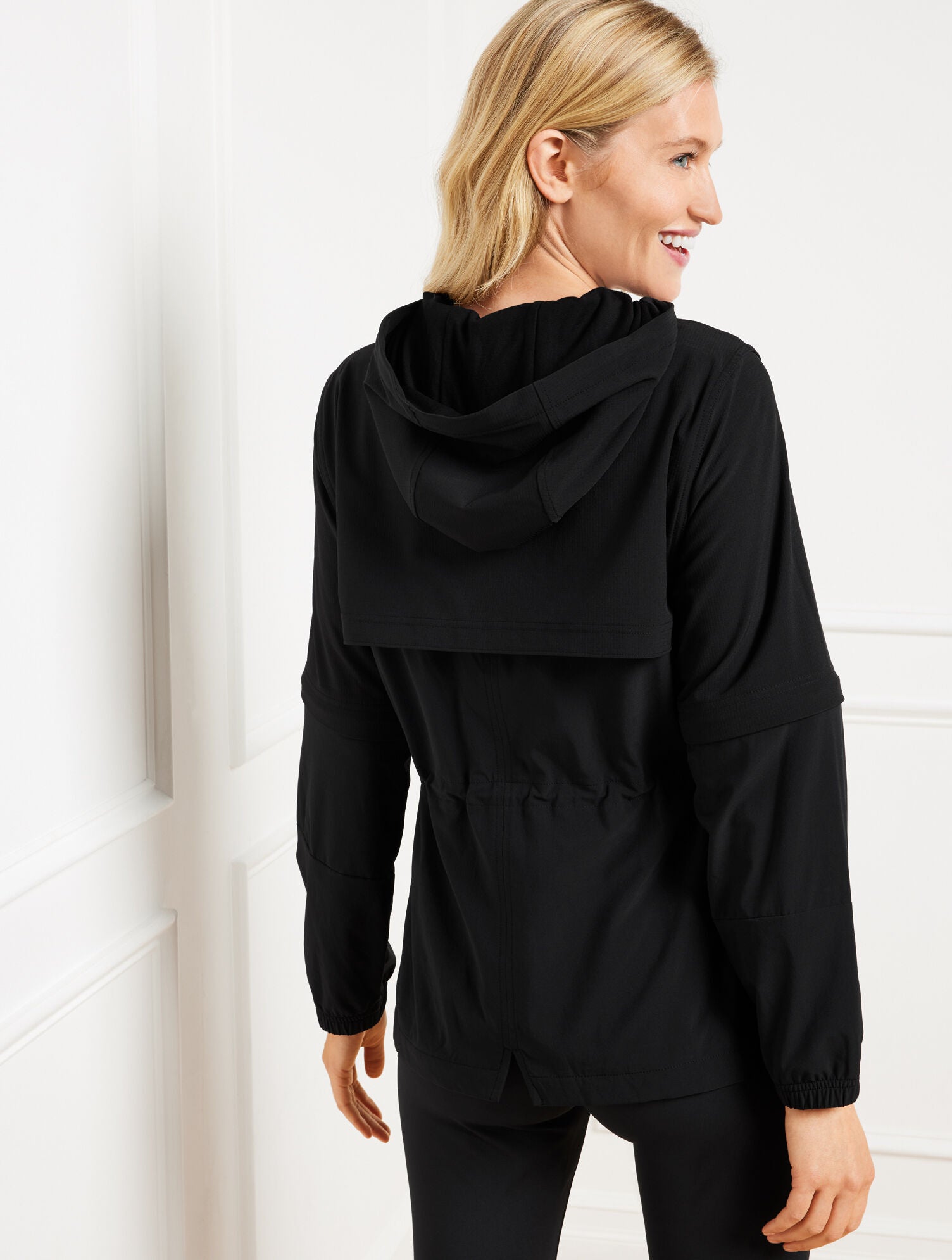 BLACK LIGHTWEIGHT WOVEN STRETCH HOODED CONVERTIBLE JACKET | Talbots sale