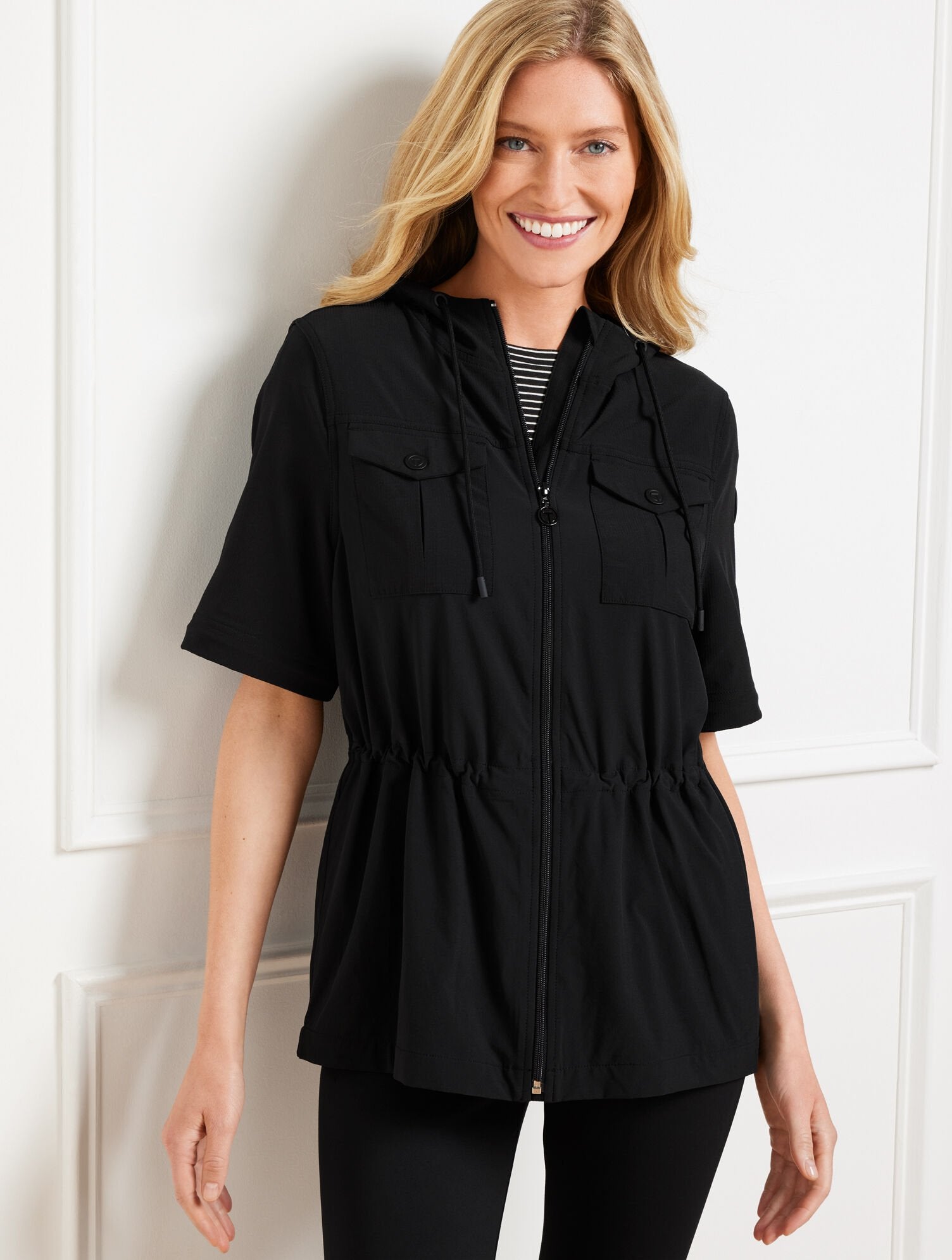 BLACK LIGHTWEIGHT WOVEN STRETCH HOODED CONVERTIBLE JACKET | Talbots sale