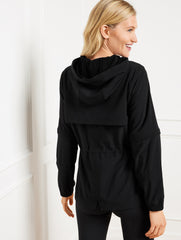 BLACK LIGHTWEIGHT WOVEN STRETCH HOODED CONVERTIBLE JACKET | Talbots sale