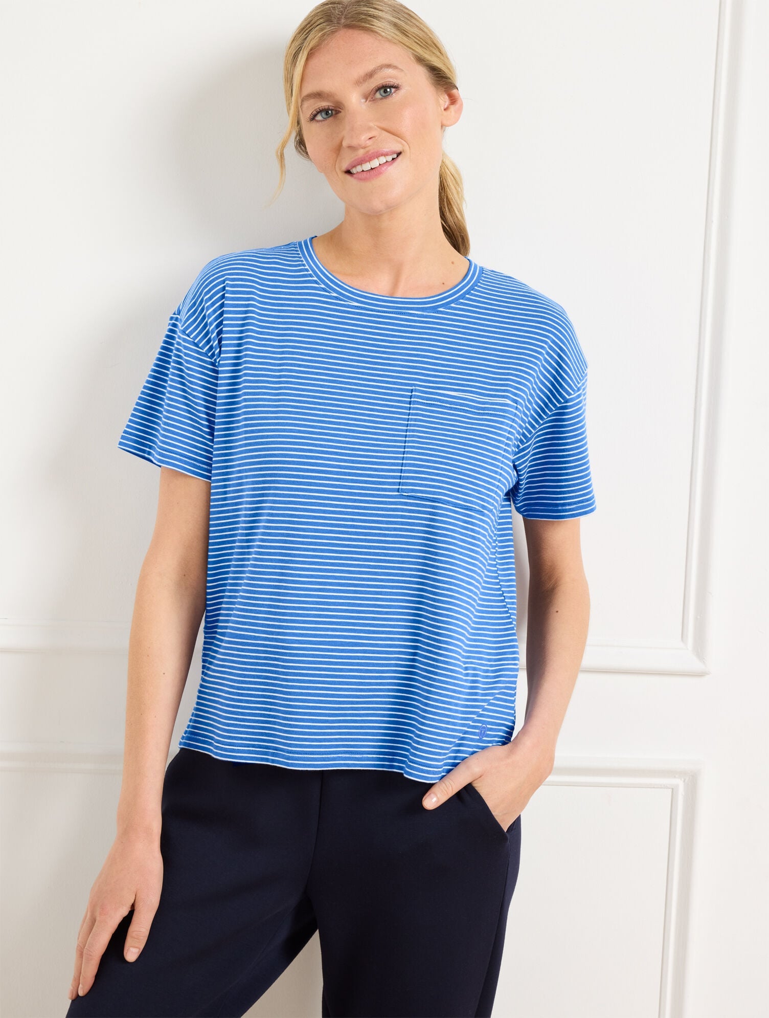 BISCAYNE BLUE/IVORY|BLACK/IVORY SUPERSOFT JERSEY BOXY CREWNECK TEE - ESSEX STRIPE | Talbots US