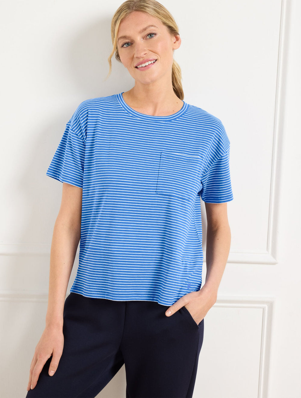 BISCAYNE BLUE/IVORY|BLACK/IVORY SUPERSOFT JERSEY BOXY CREWNECK TEE - ESSEX STRIPE | Talbots US