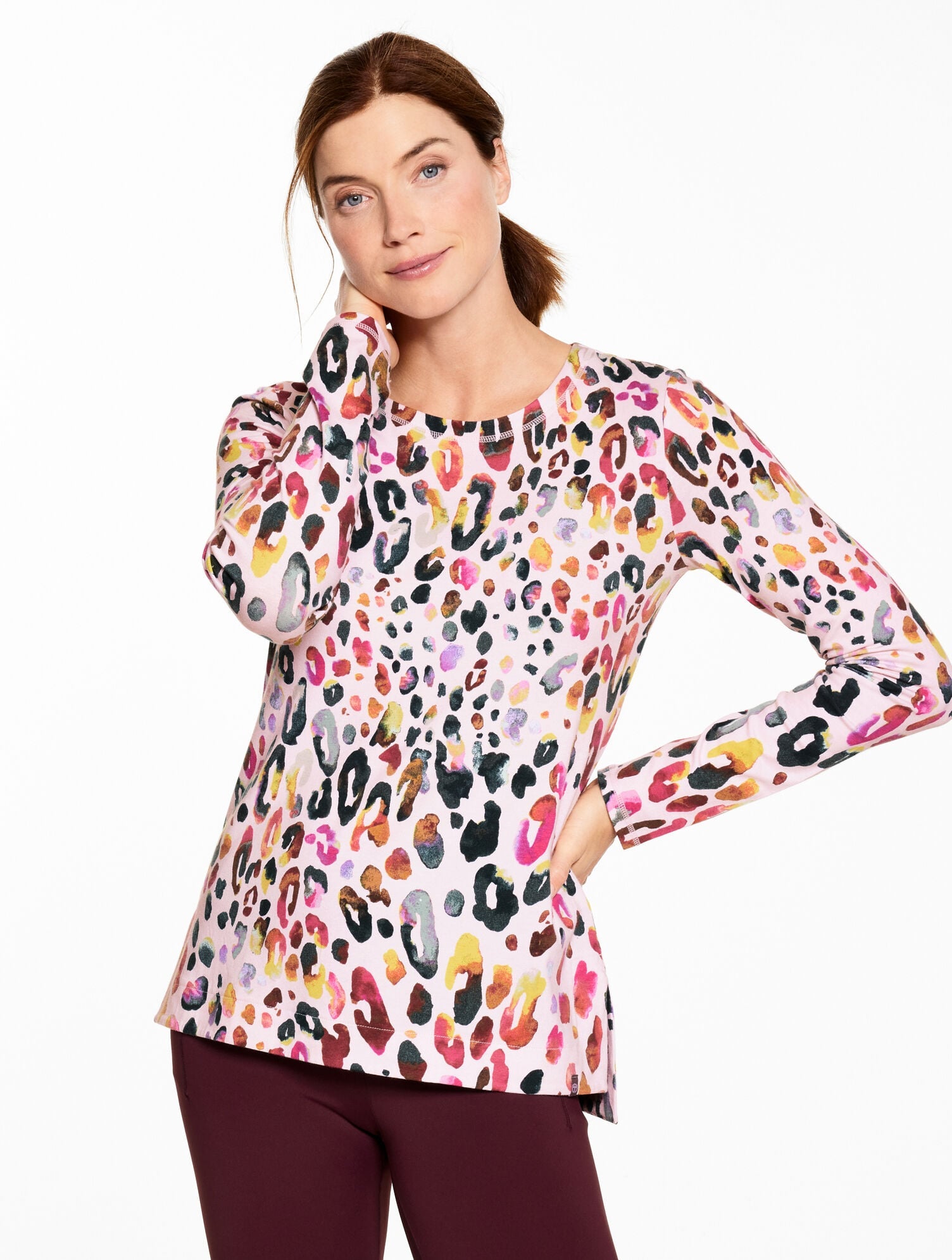 PINK MULTI SUPERSOFT JERSEY CREWNECK TEE - WATERCOLOR LEOPARD | Talbots online
