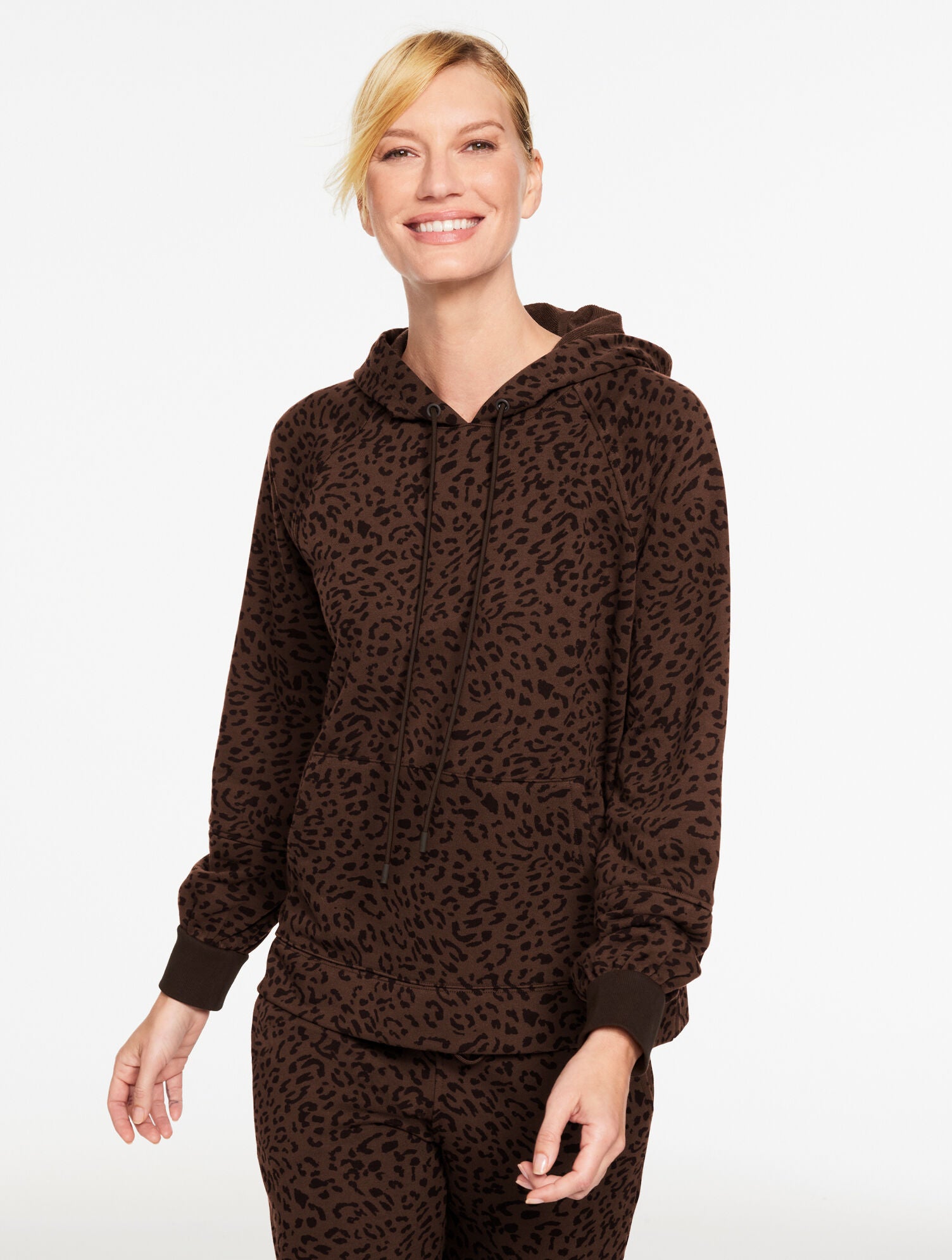 IOLITE HEATHER|DARK CHOCOLATE MULTI FRENCH TERRY HOODIE - TONAL CHEETAH | Talbots discount