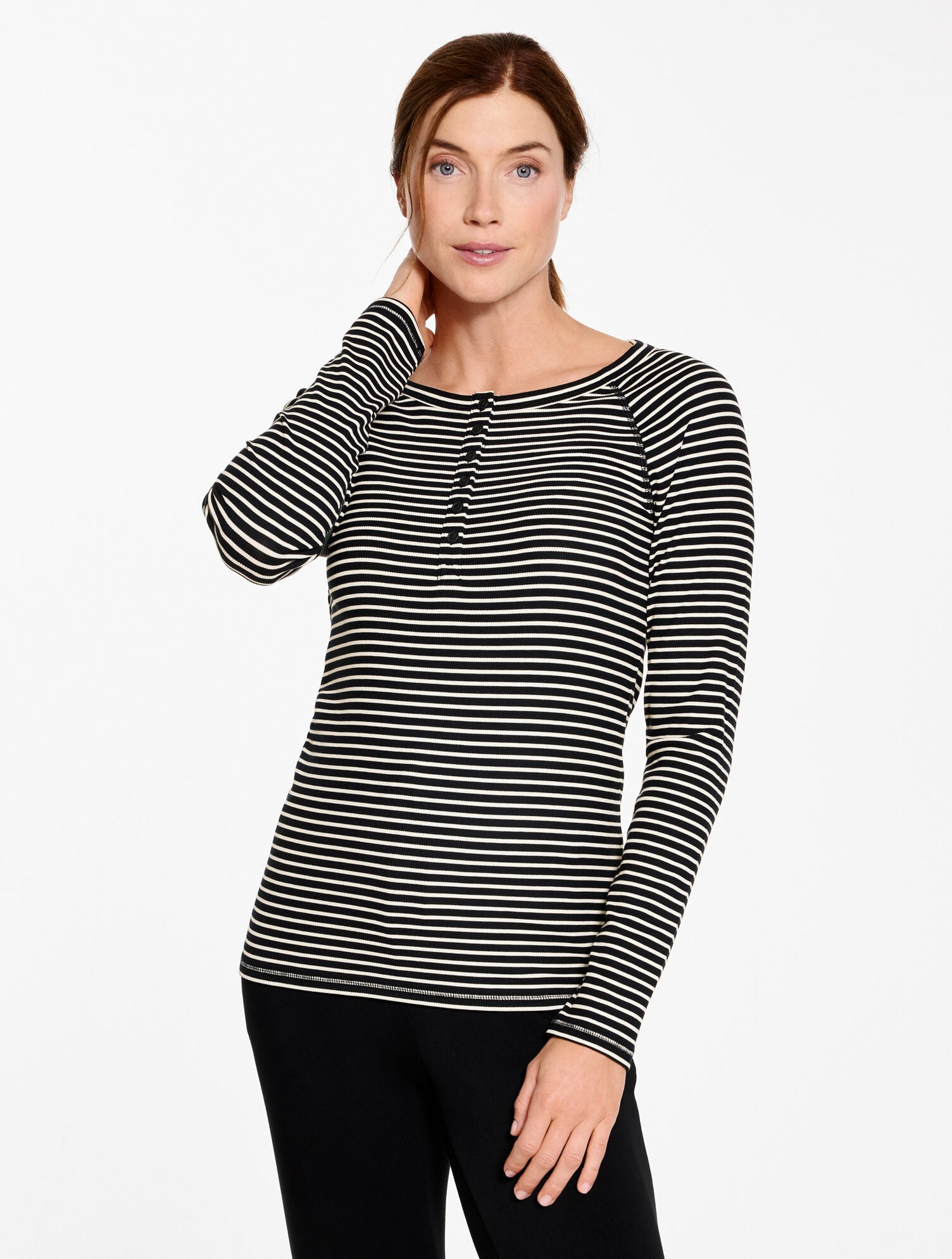 BLACK/IVORY|LILAC MAUVE/PURPLE GARNET|PINE GROVE/IVORY RIBBED HENLEY TEE - WIMBLEDON STRIPE | Talbots online