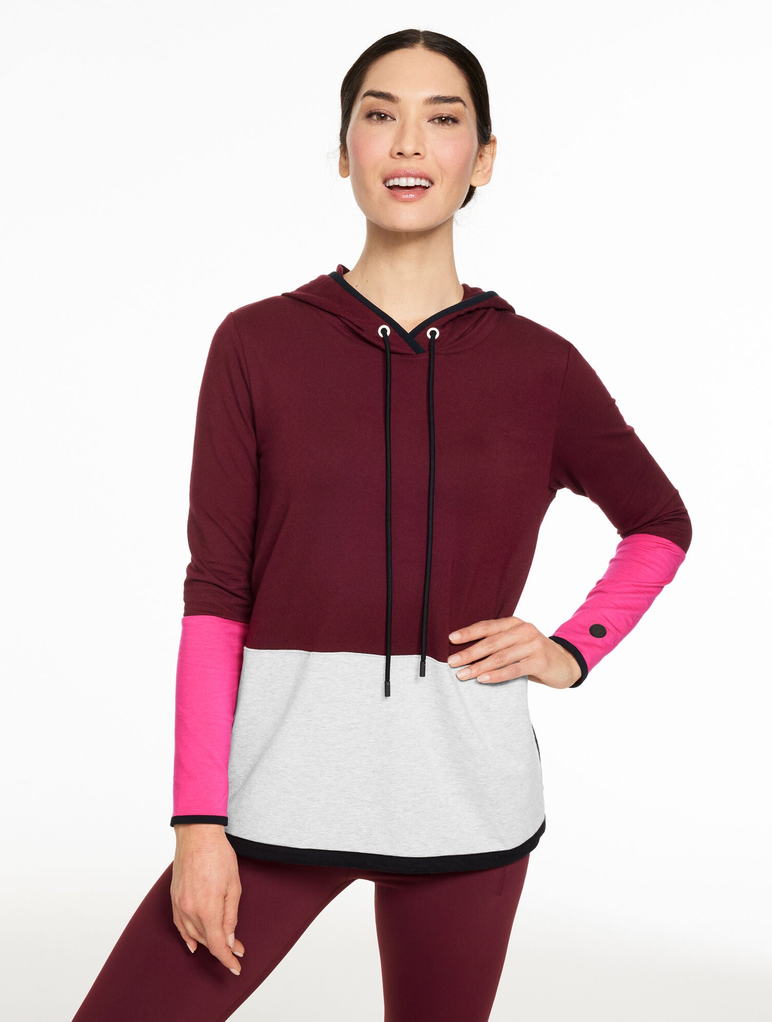 RICH BURGUNDY COLORBLOCK BUNGEE HEM HOODIE | Talbots near me