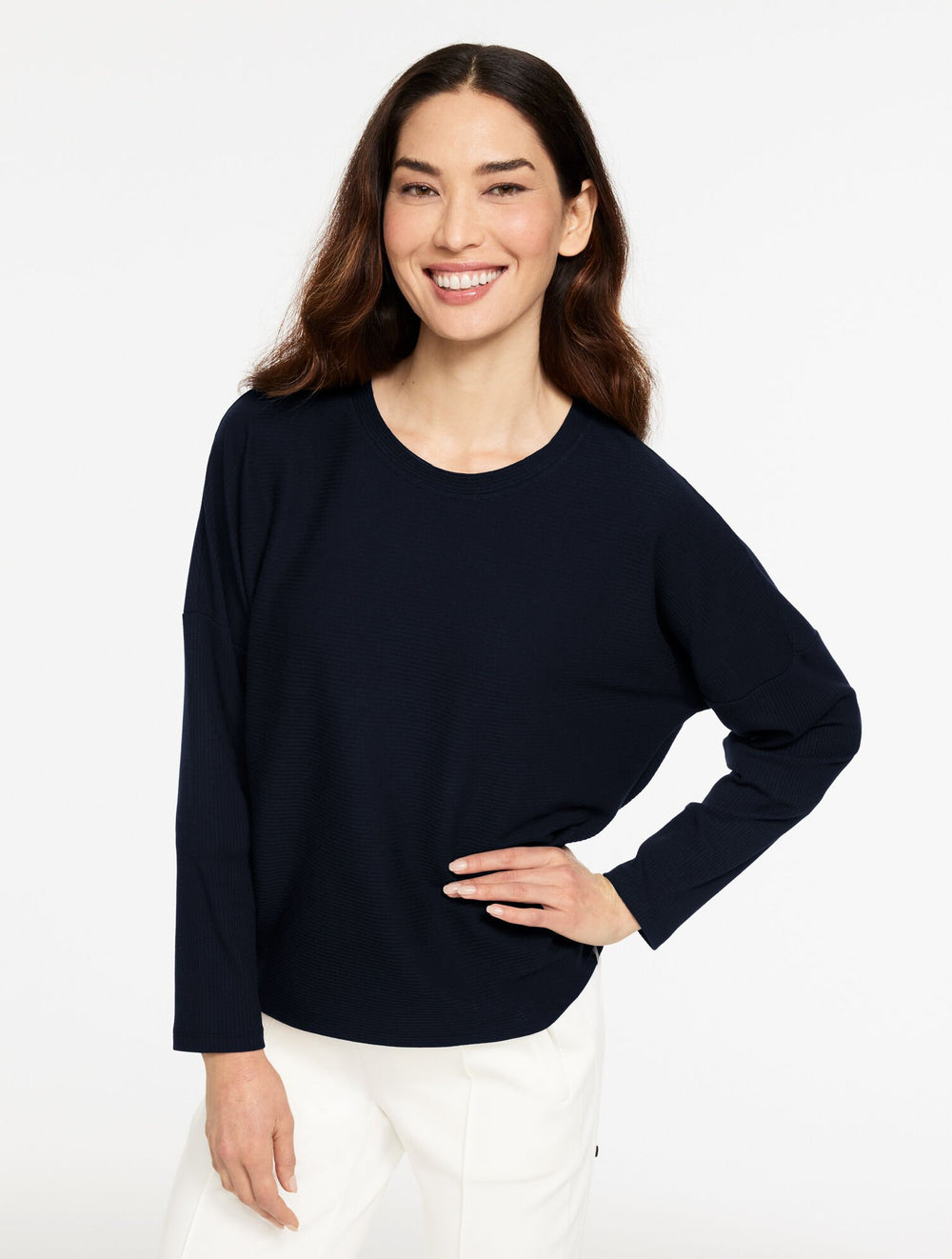 INDIGO BLUE|WHITE RIBBED CREWNECK TEE | Talbots on sale