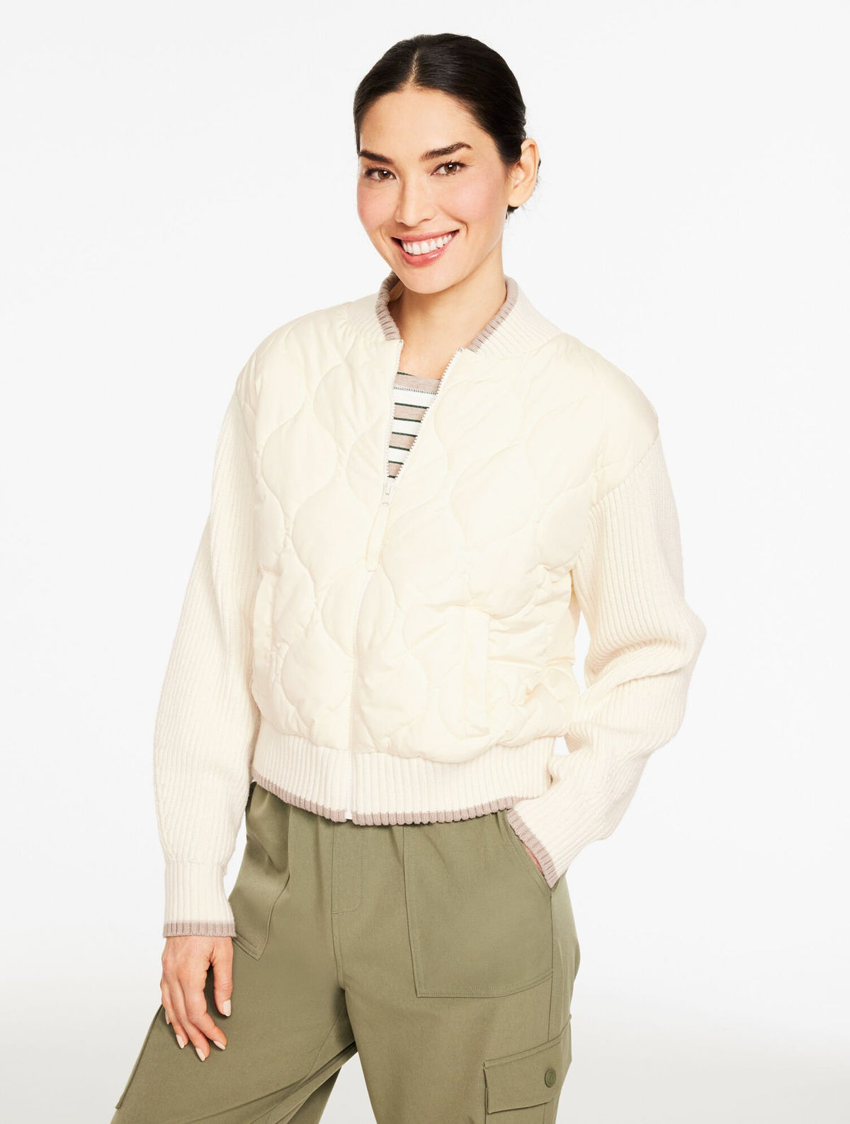 IVORY QUILTED SWEATER BOMBER | Talbots for sale