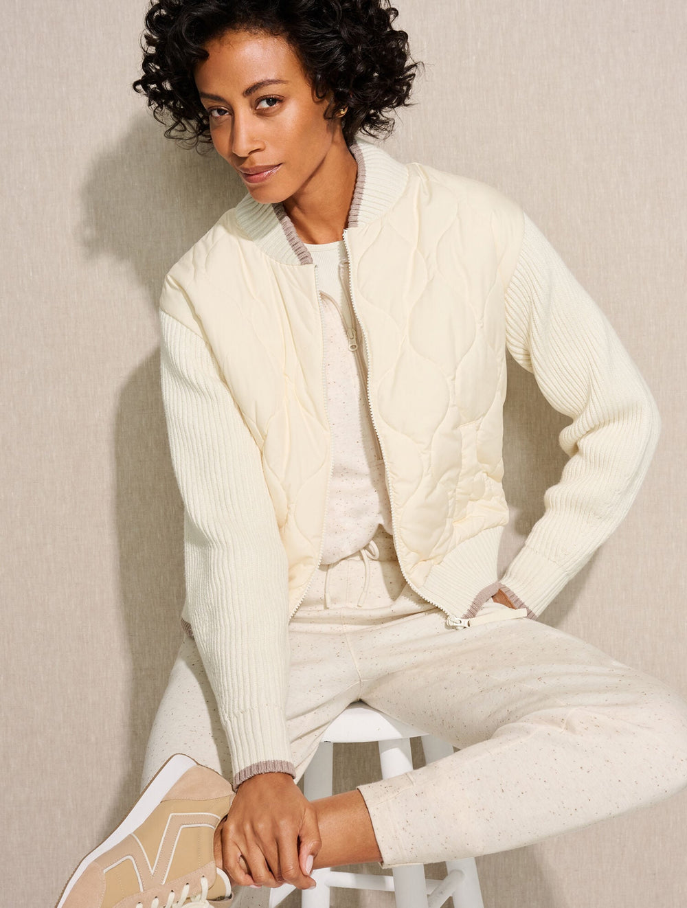 IVORY QUILTED SWEATER BOMBER | Talbots sale
