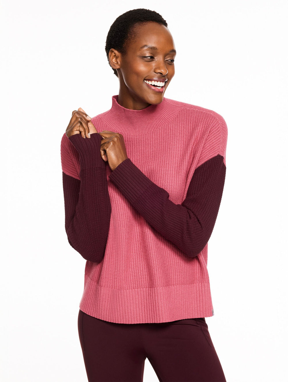 BLACK|MAUVELOUS WAFFLE KNIT MOCKNECK COLORBLOCK SWEATER | Talbots near me