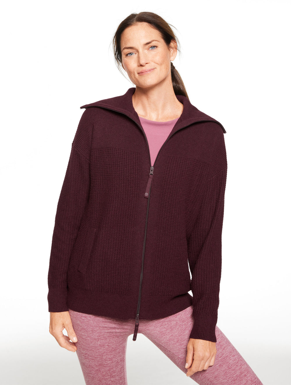 GREY SKY HEATHER|RICH BURGUNDY HEATHER WAFFLE KNIT SWEATER JACKET | Talbots near me