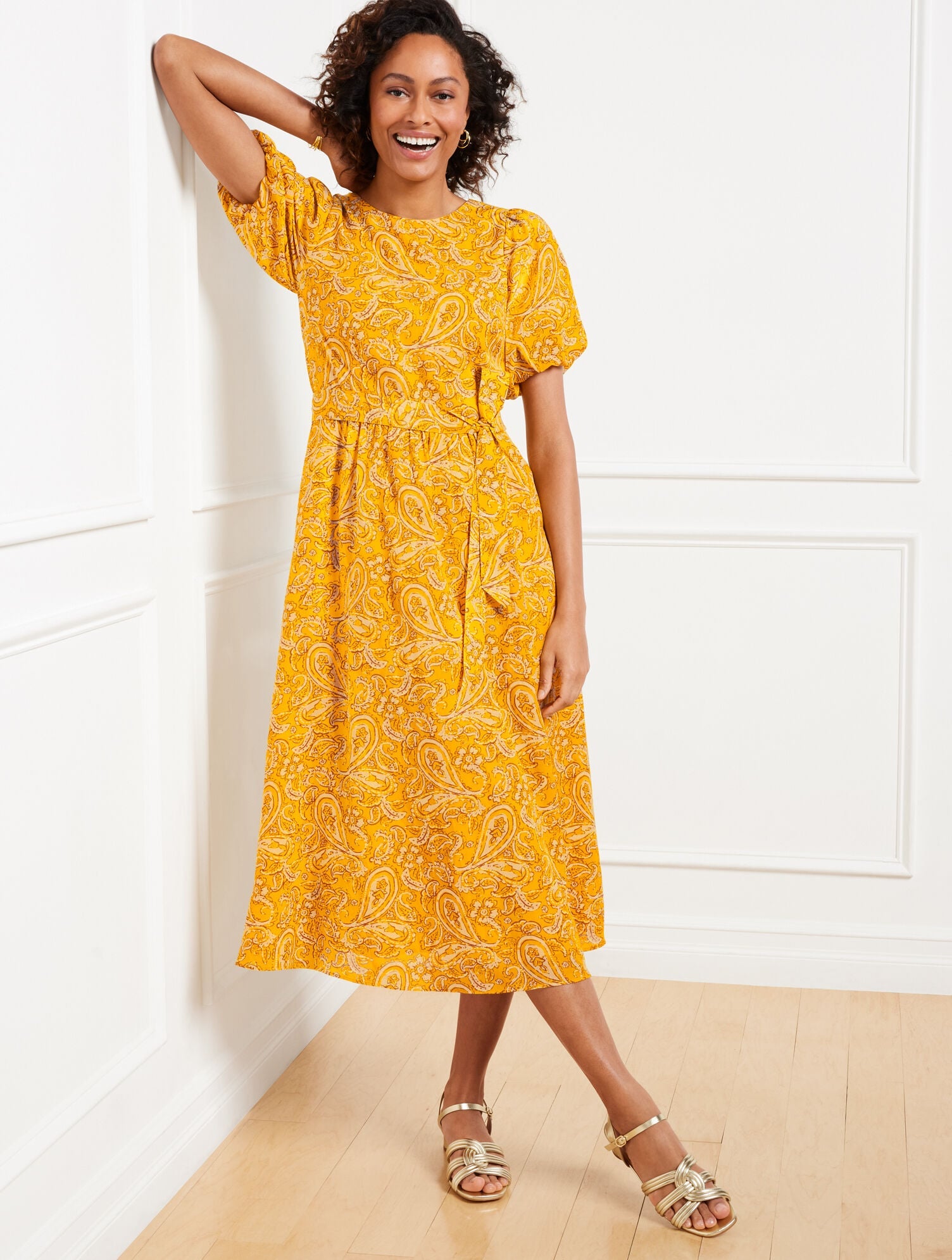 GOLDEN YELLOW MULTI PUFF SLEEVE MIDI DRESS - PAISLEY DELIGHT | Talbots near me