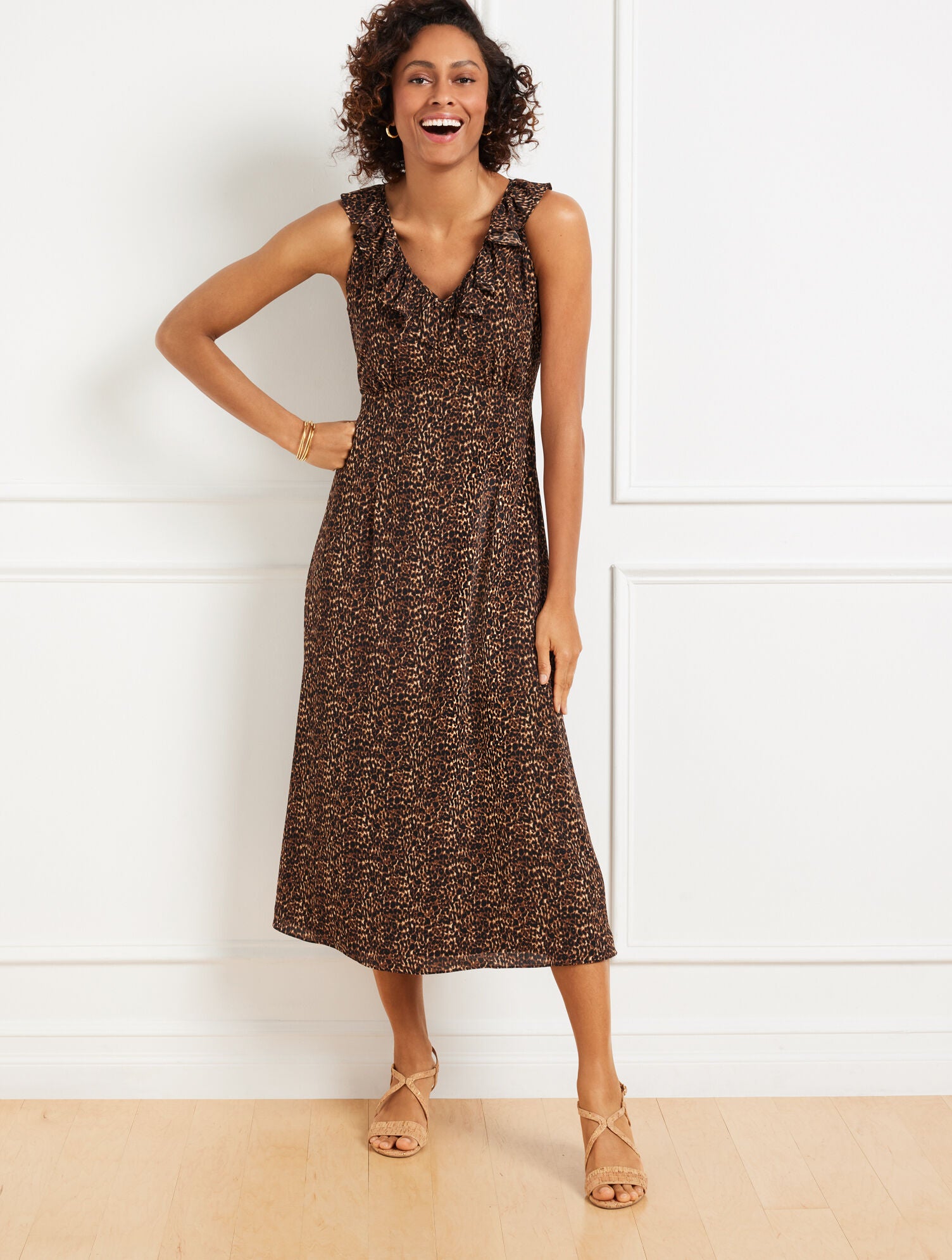 BROWN MULTI FIT & FLARE RUFFLE MIDI DRESS - DELICATE LEOPARD | Talbots US