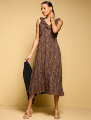 BROWN MULTI FIT & FLARE RUFFLE MIDI DRESS - DELICATE LEOPARD | Talbots US