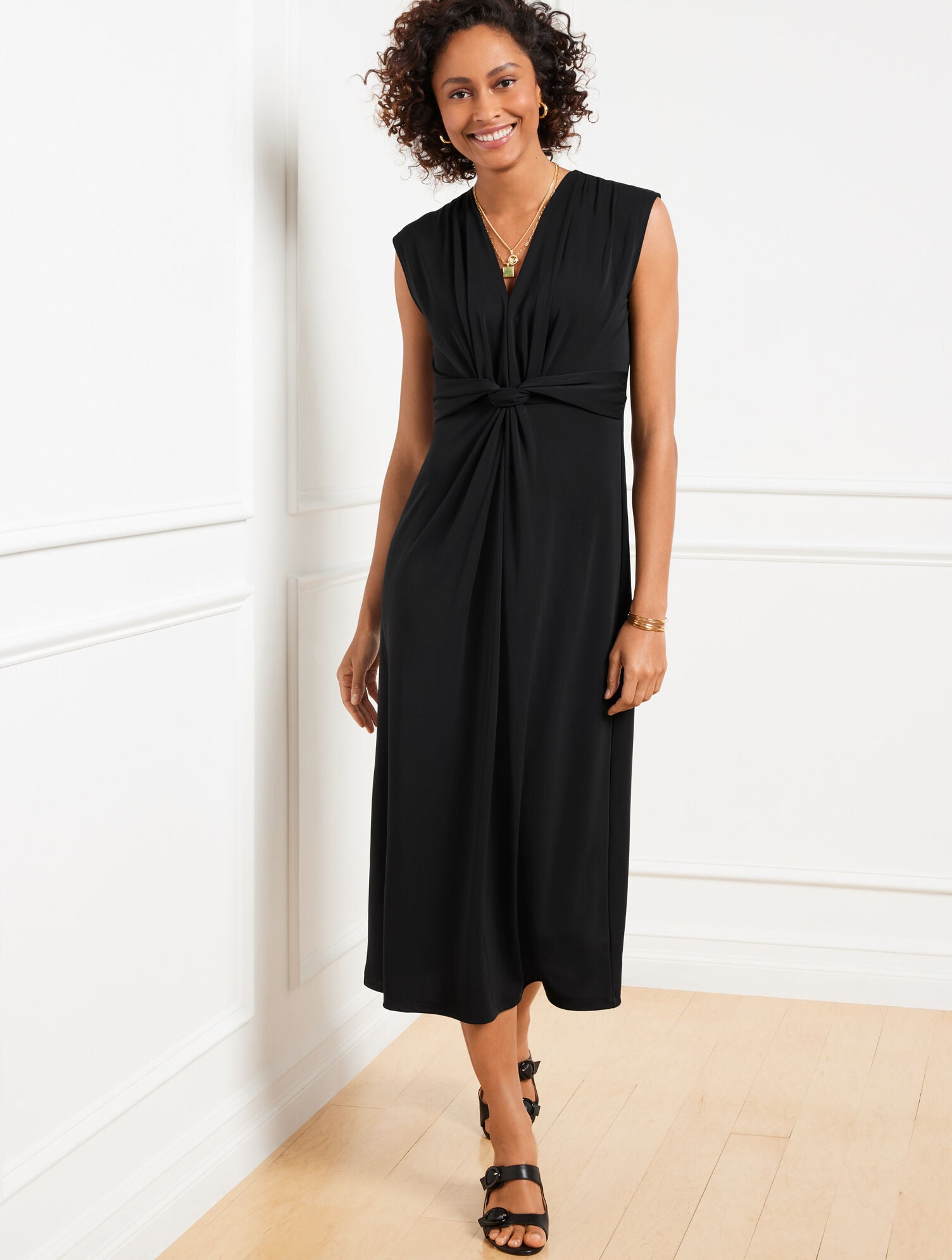 BLACK MATTE JERSEY V-NECK DRESS | Talbots sale