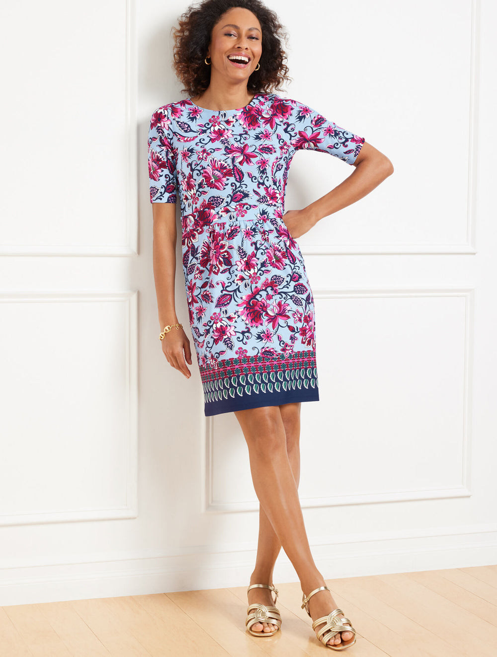 BLUE CRYSTAL MULTI EFFORTLESS JERSEY SHEATH DRESS - GORGEOUS GARDEN | Talbots on sale