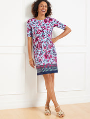 BLUE CRYSTAL MULTI EFFORTLESS JERSEY SHEATH DRESS - GORGEOUS GARDEN | Talbots on sale