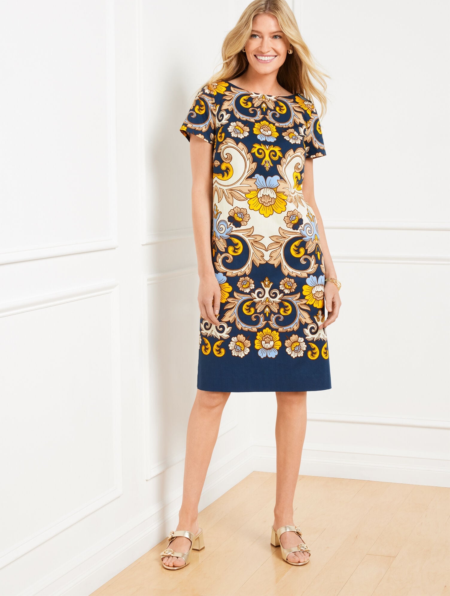 MIDNIGHT SKY MULTI SHORT SLEEVE SHEATH DRESS - DELIGHTFUL BLOOMS | Talbots US