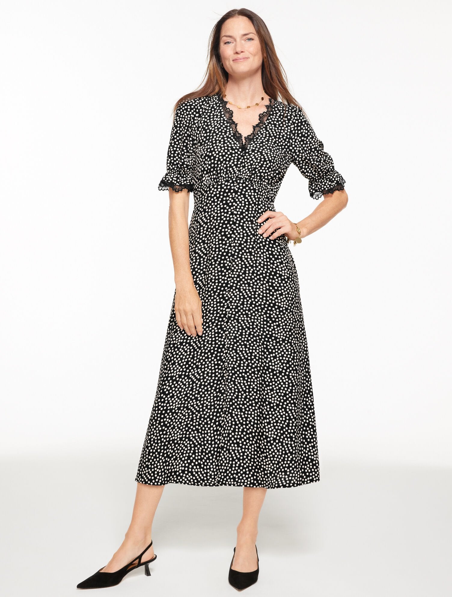 BLACK/IVORY FIT & FLARE MIDI DRESS - DARLING DOT | Talbots on sale