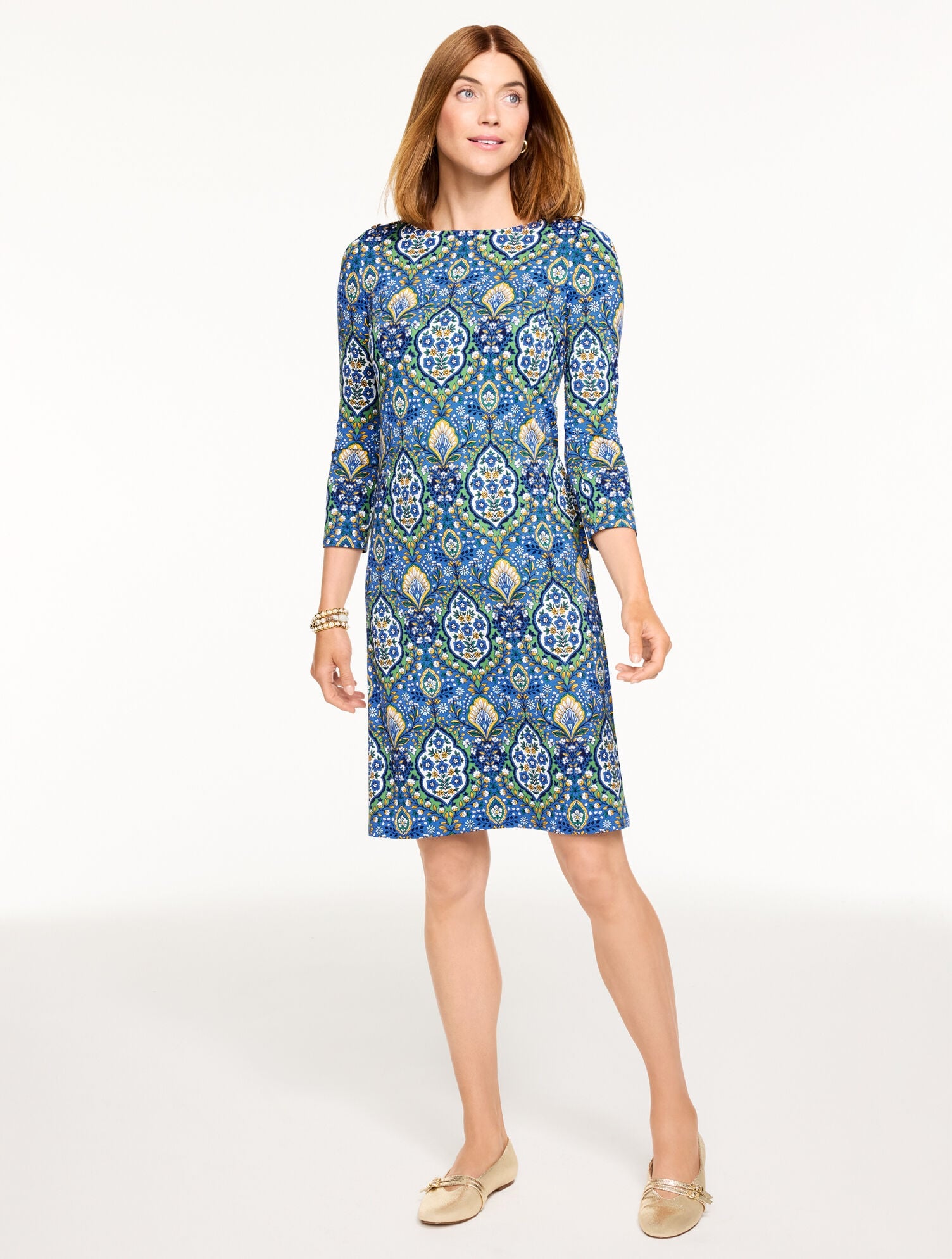 AZURE BLUE/GREEN FERN EFFORTLESS JERSEY BUTTON SHOULDER SHIFT DRESS - BOTANICAL MEDALLION | Talbots outlet