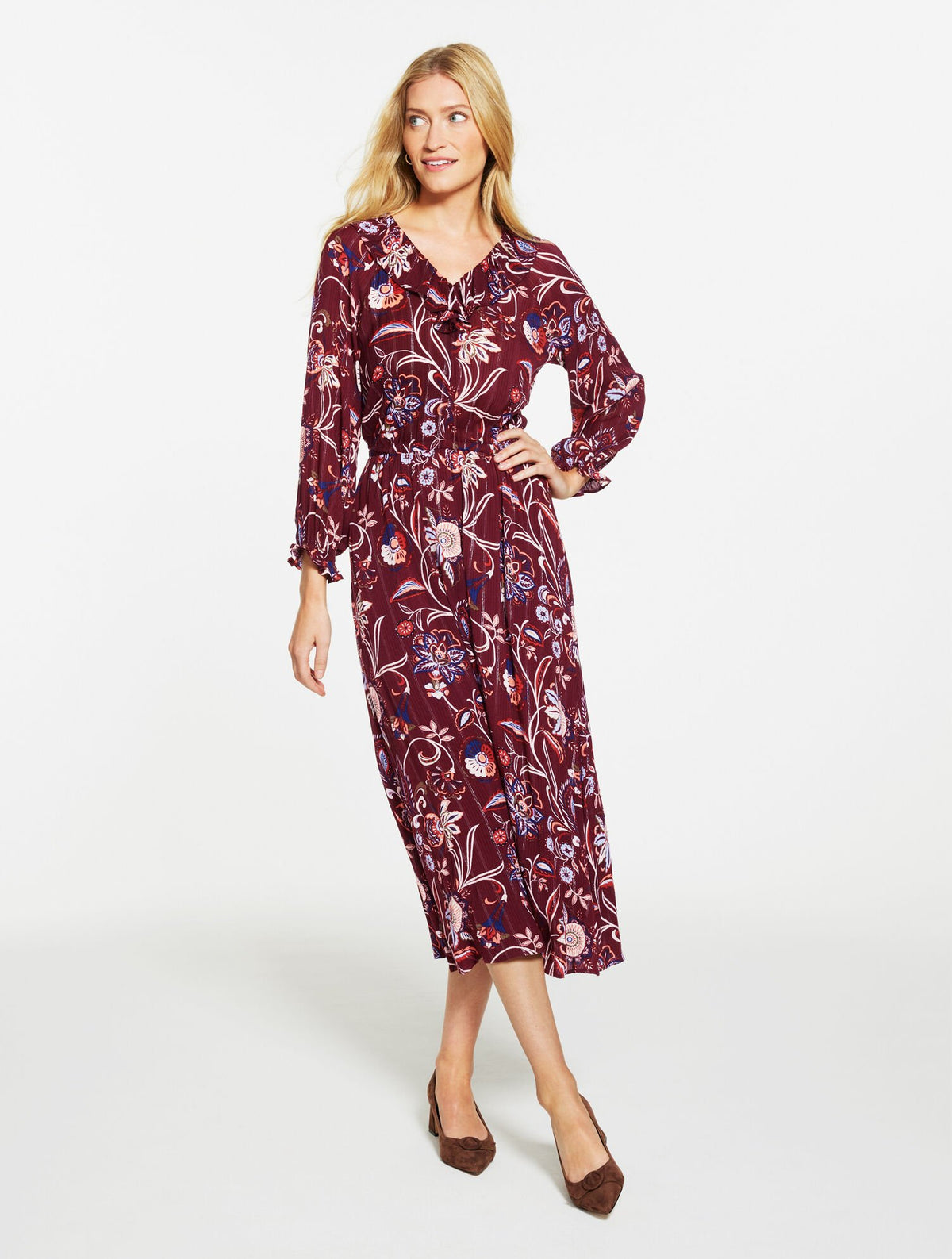RICH BURGUNDY MULTI RUFFLE NECK DRESS - LIVELY FLORAL | Talbots near me