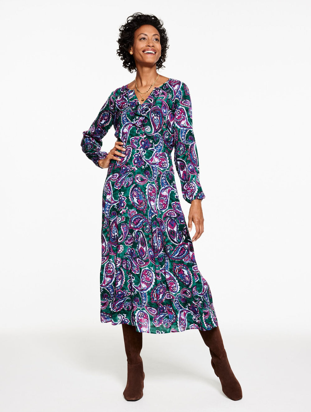 PINE GROVE MULTI FIT & FLARE RUFFLE DRESS - PICCADILLY PAISLEY | Talbots for sale
