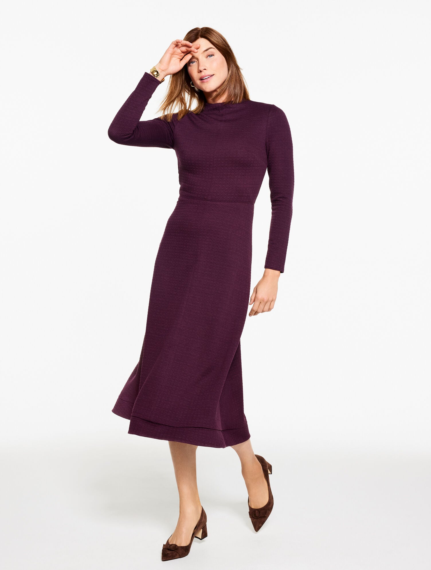 BLACK|EGGPLANT DIAMOND JACQUARD FIT & FLARE MIDI DRESS | Talbots outlet