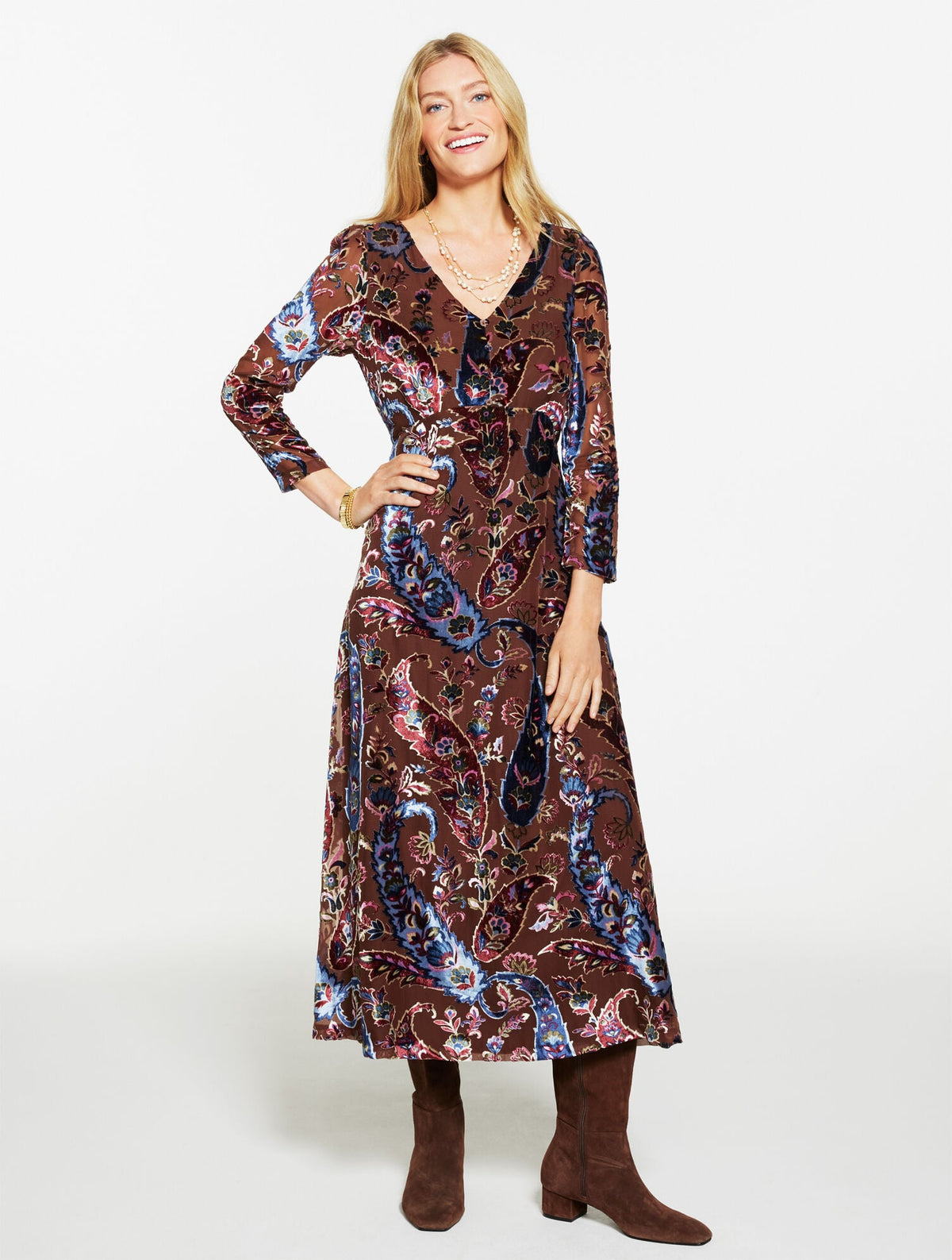 DARK WALNUT MULTI BURNOUT VELVET FIT & FLARE DRESS - FLORAL PAISLEY | Talbots for sale