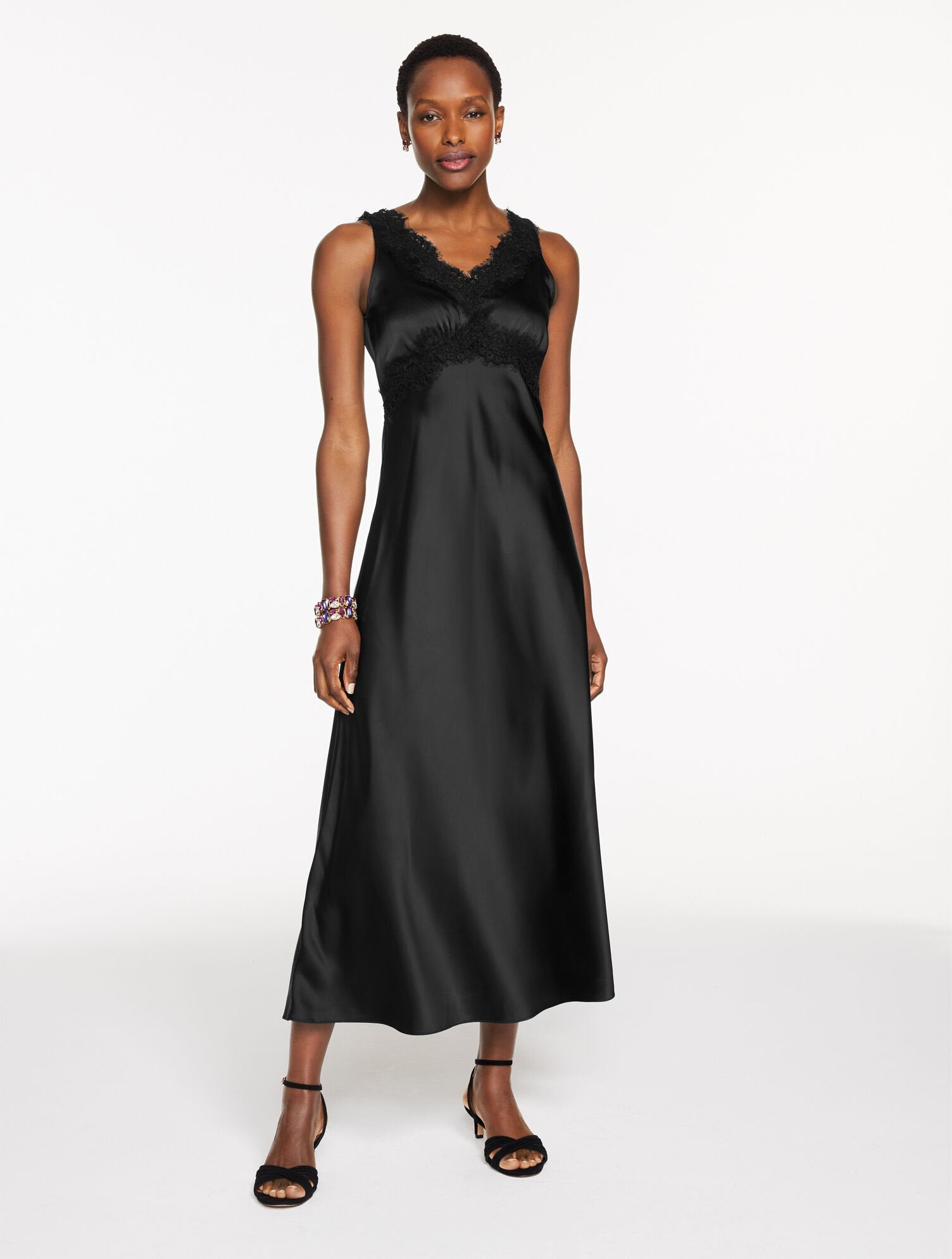 BLACK LACE TRIM SATIN MIDI DRESS | Talbots sale