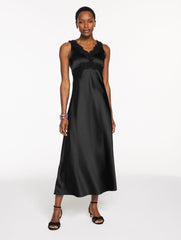 BLACK LACE TRIM SATIN MIDI DRESS | Talbots sale