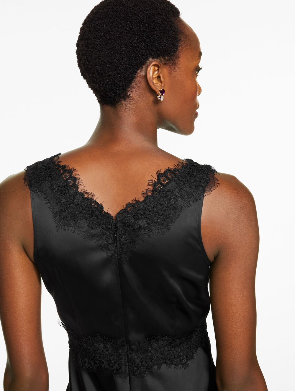 BLACK LACE TRIM SATIN MIDI DRESS | Talbots sale
