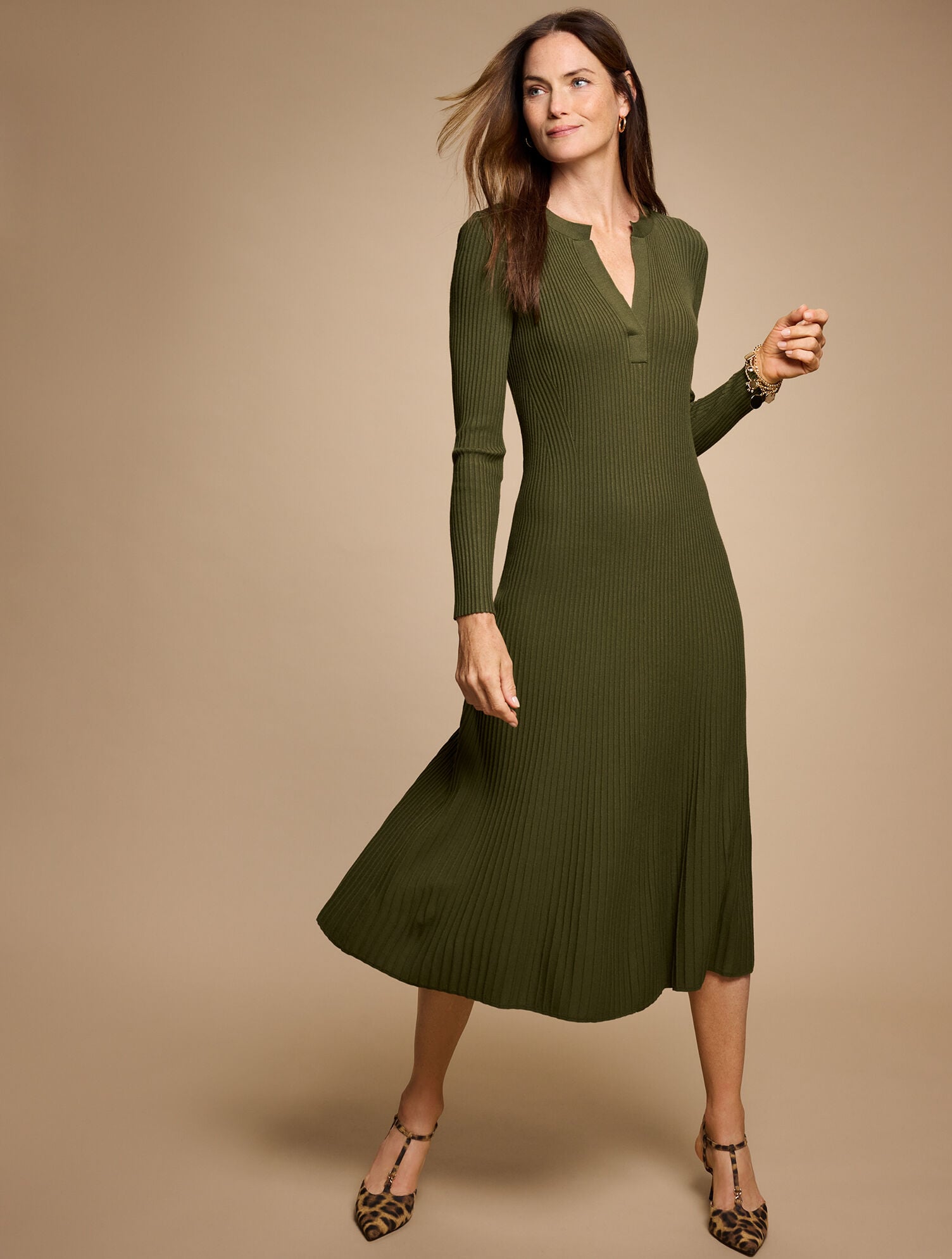 OAK MOSS FIT & FLARE RIBBED MIDI DRESS | Talbots for sale