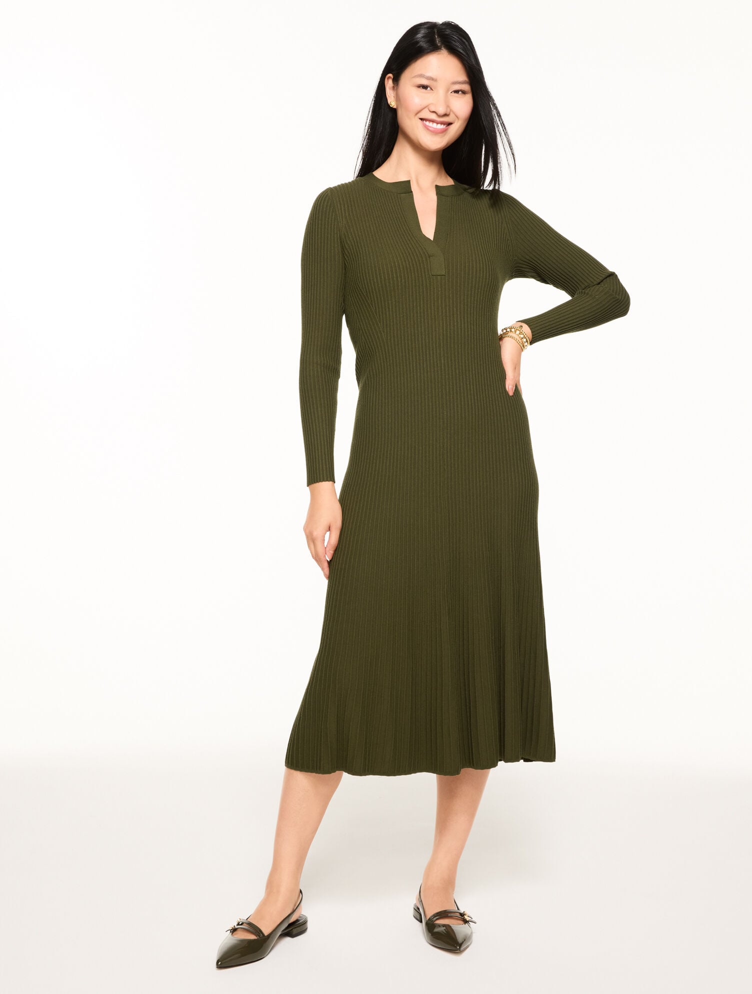 OAK MOSS FIT & FLARE RIBBED MIDI DRESS | Talbots for sale