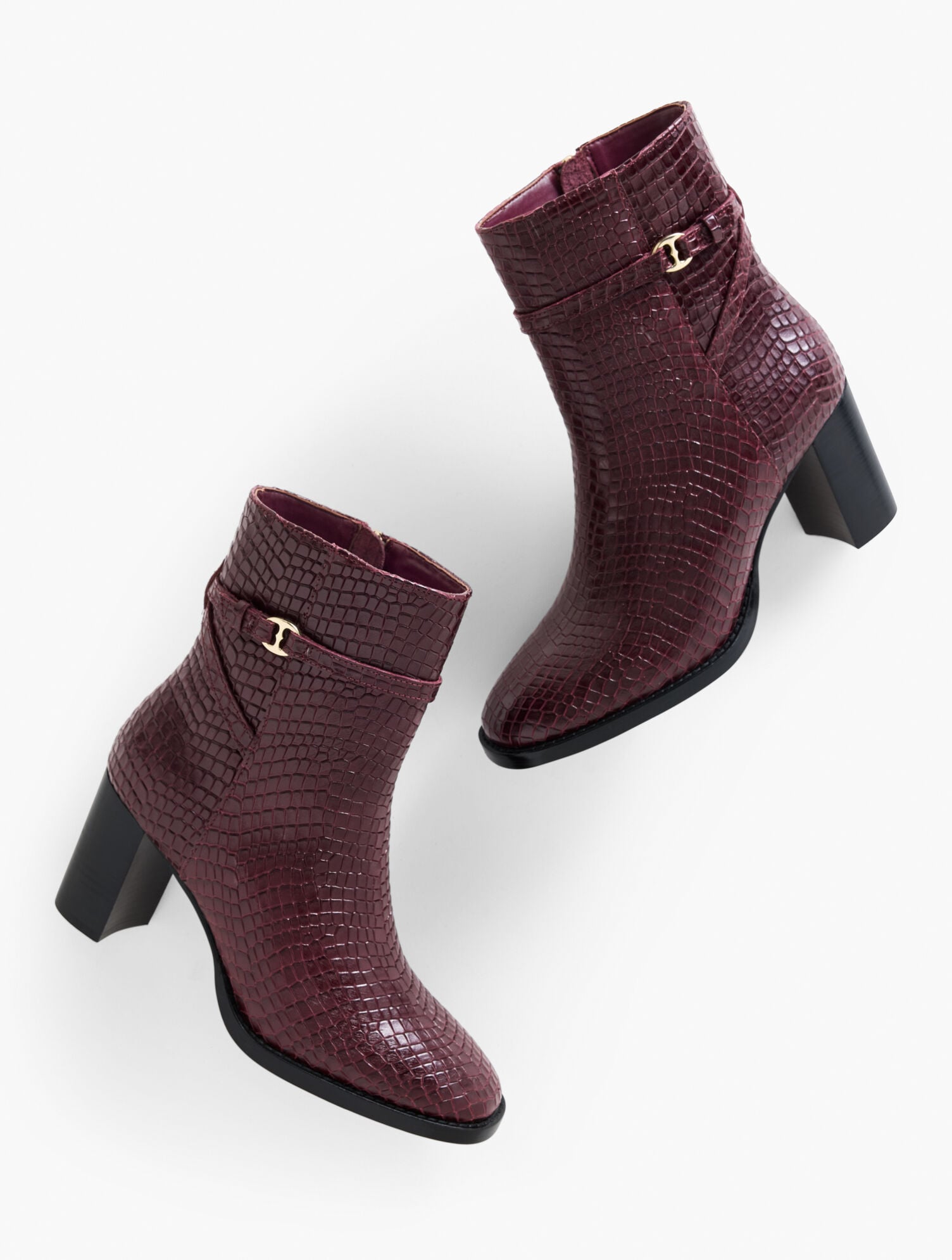 DEEP BURGUNDY CLAUDETTE CROC EMBOSSED BLOCK HEEL ANKLE BOOTS | Talbots outlet