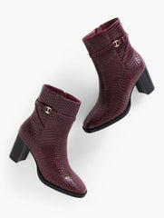 DEEP BURGUNDY CLAUDETTE CROC EMBOSSED BLOCK HEEL ANKLE BOOTS | Talbots outlet