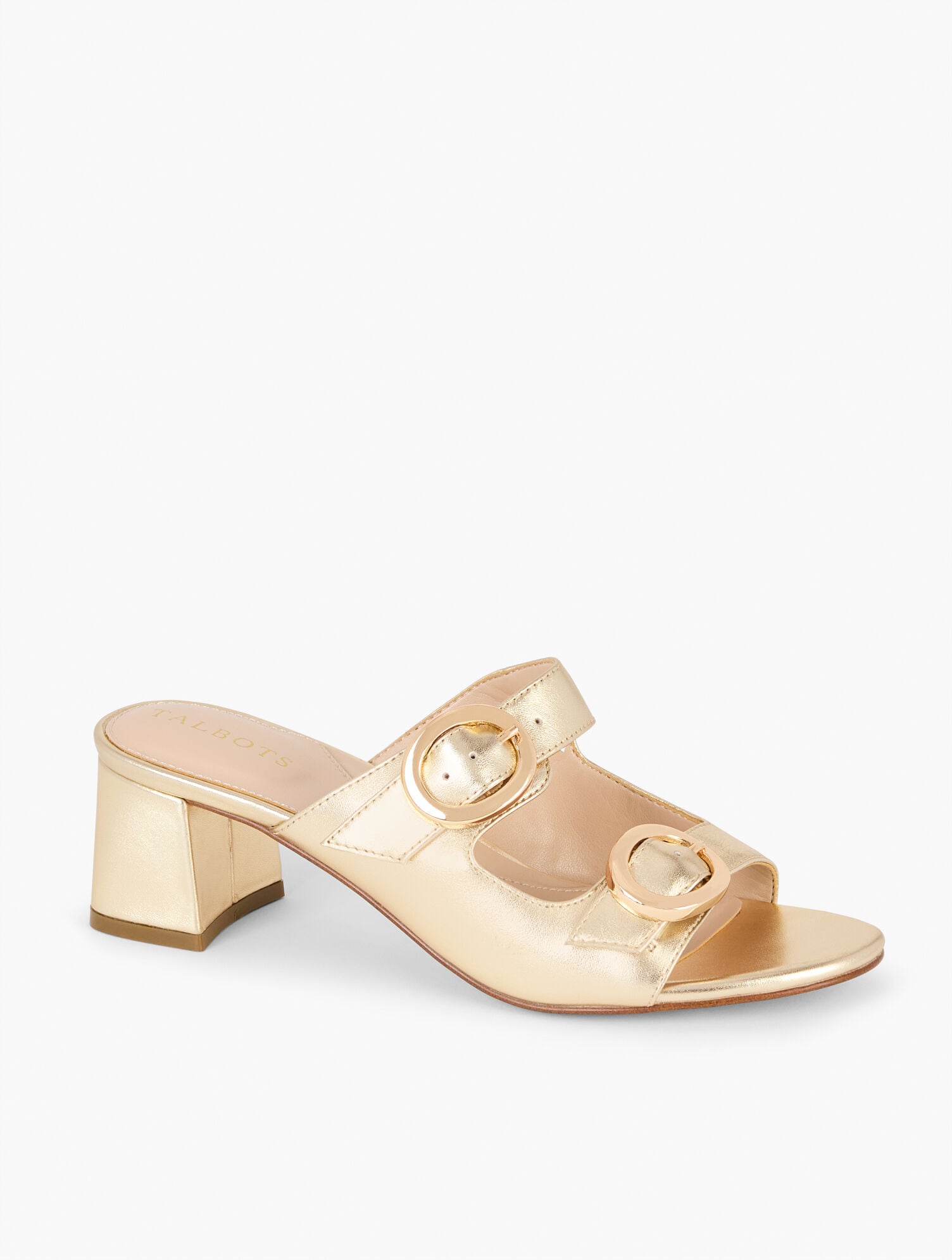 GOLD MILLIE STRAPS METALLIC NAPPA BLOCK HEEL SANDALS | Talbots outlet