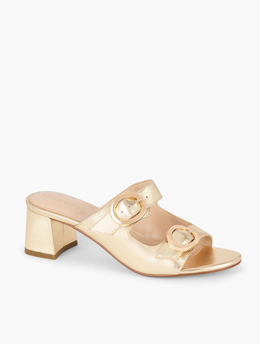 GOLD MILLIE STRAPS METALLIC NAPPA BLOCK HEEL SANDALS | Talbots outlet