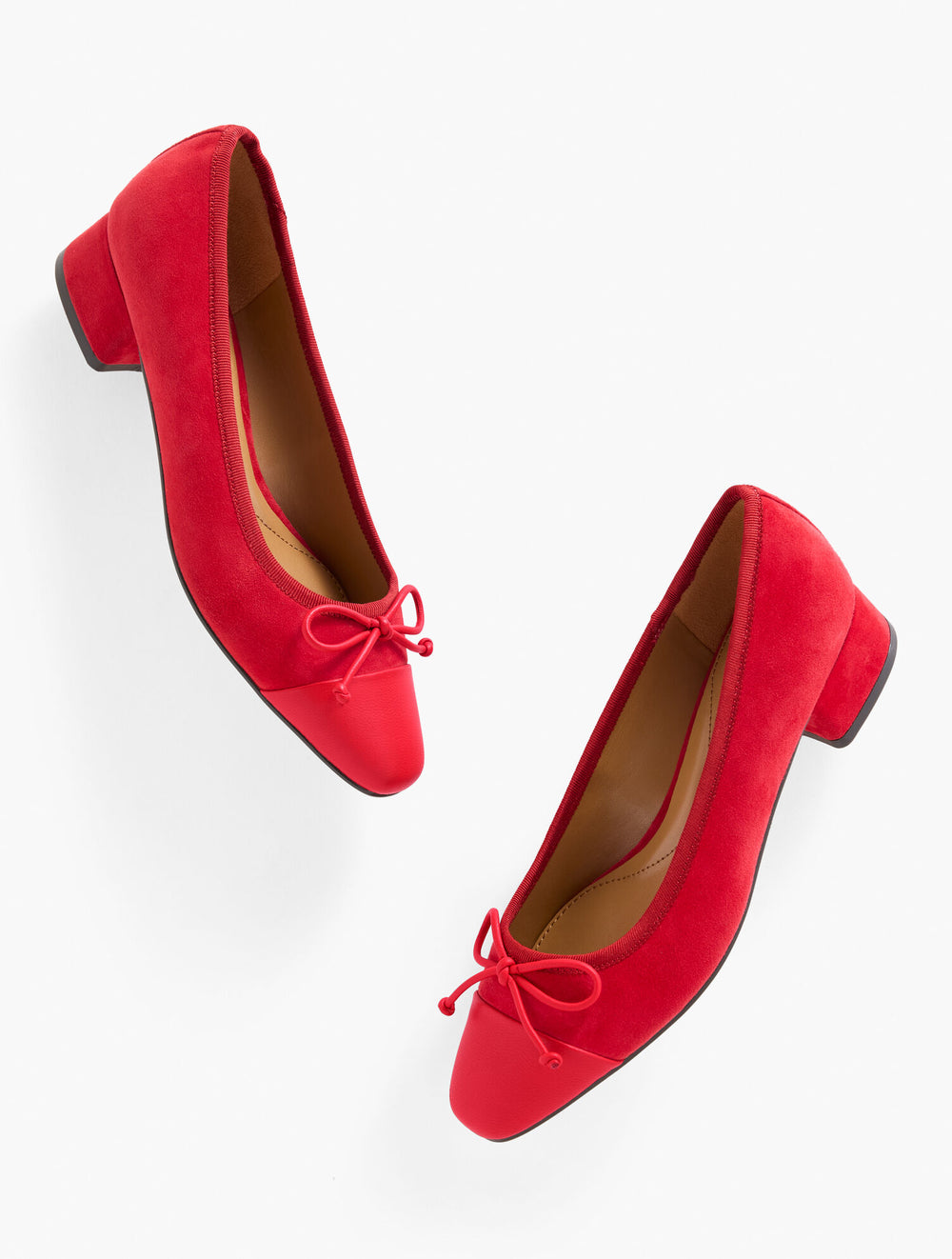 BLACK|BRIGHT APPLE VANESSA CAP TOE SUEDE BLOCK HEEL PUMPS | Talbots discount