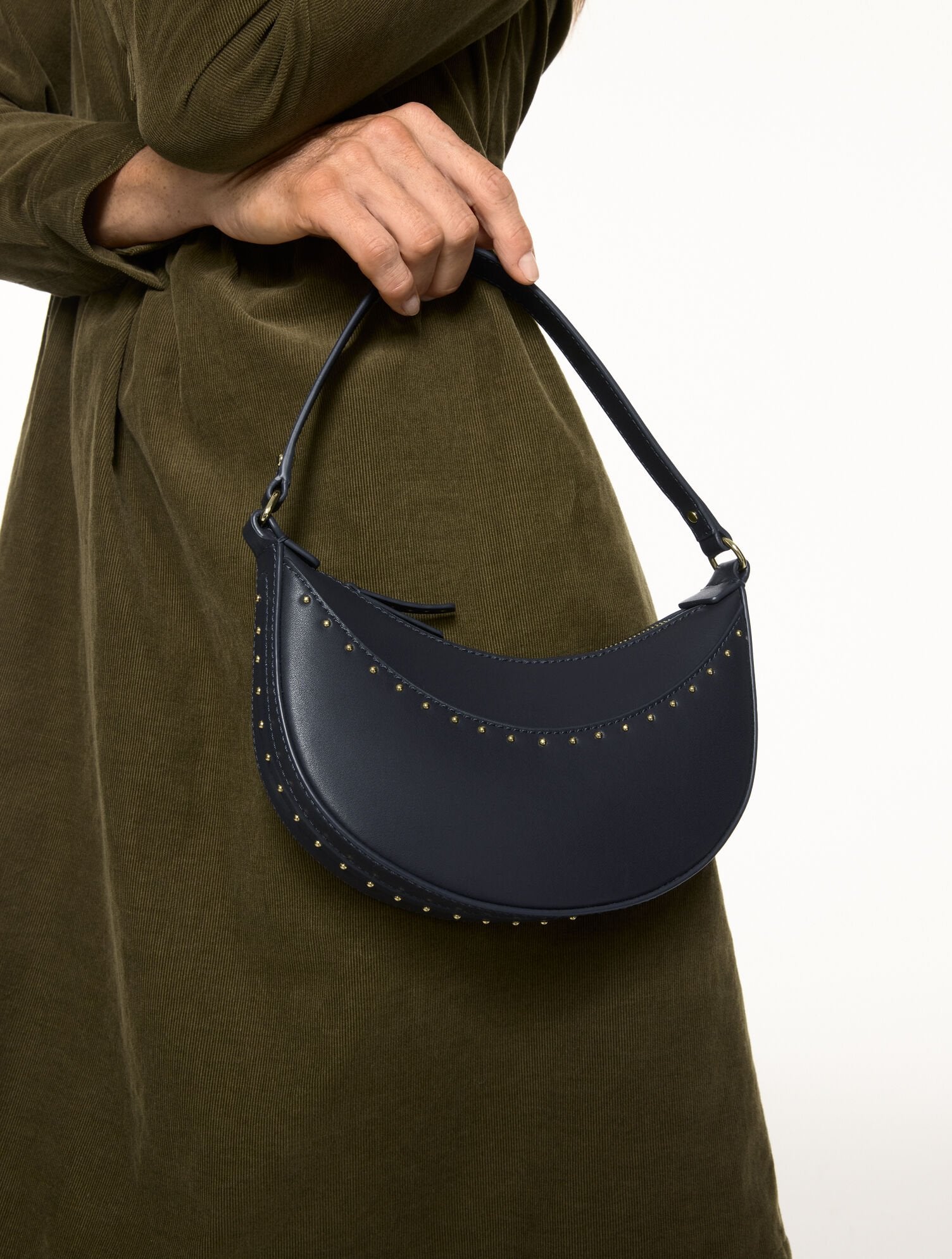 INDIGO STUDDED LEATHER CRESCENT BAG | Talbots outlet