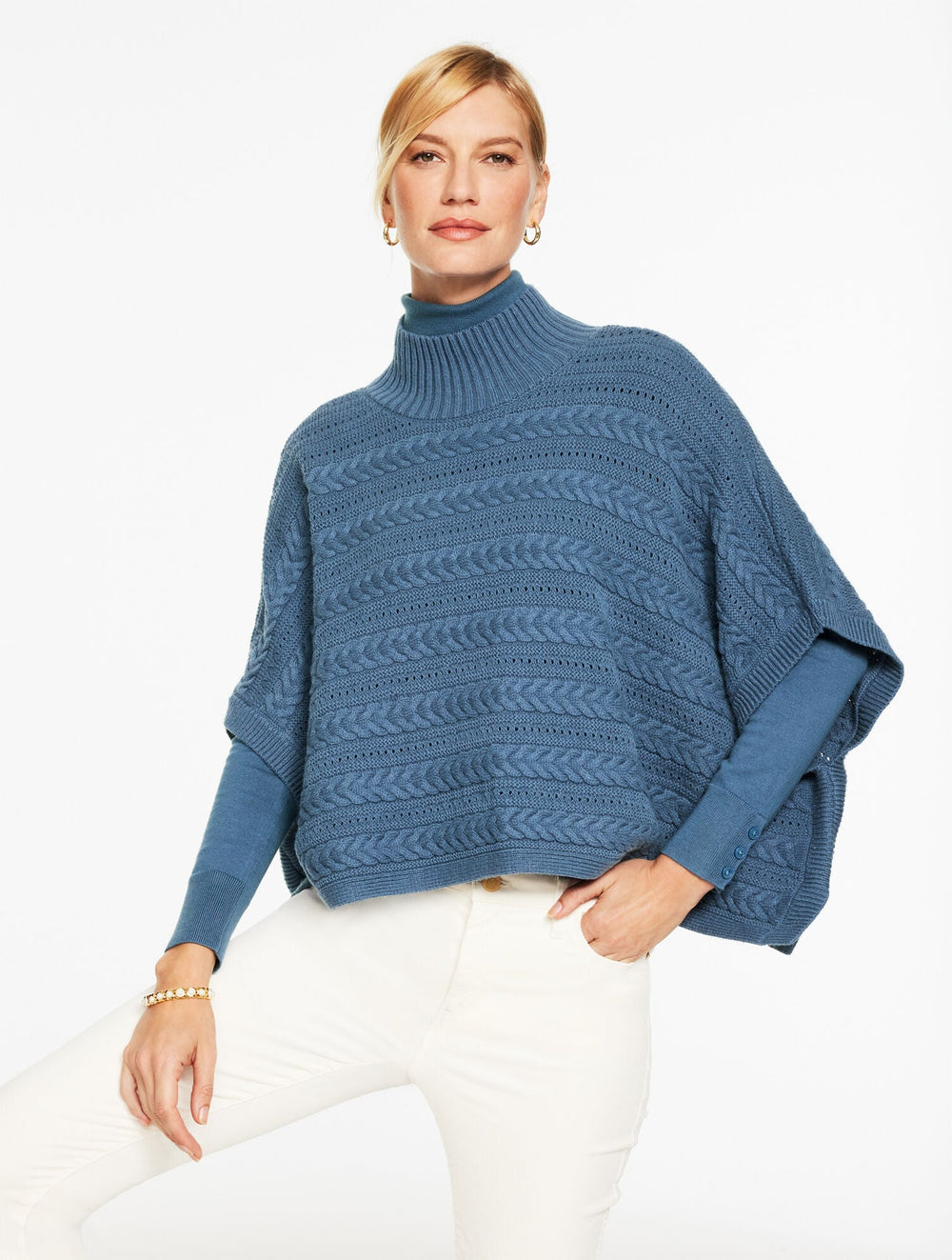 MOONLIGHT BLUE PLUS EXCLUSIVE CABLE KNIT PONCHO - MOONLIGHT BLUE | Talbots sale