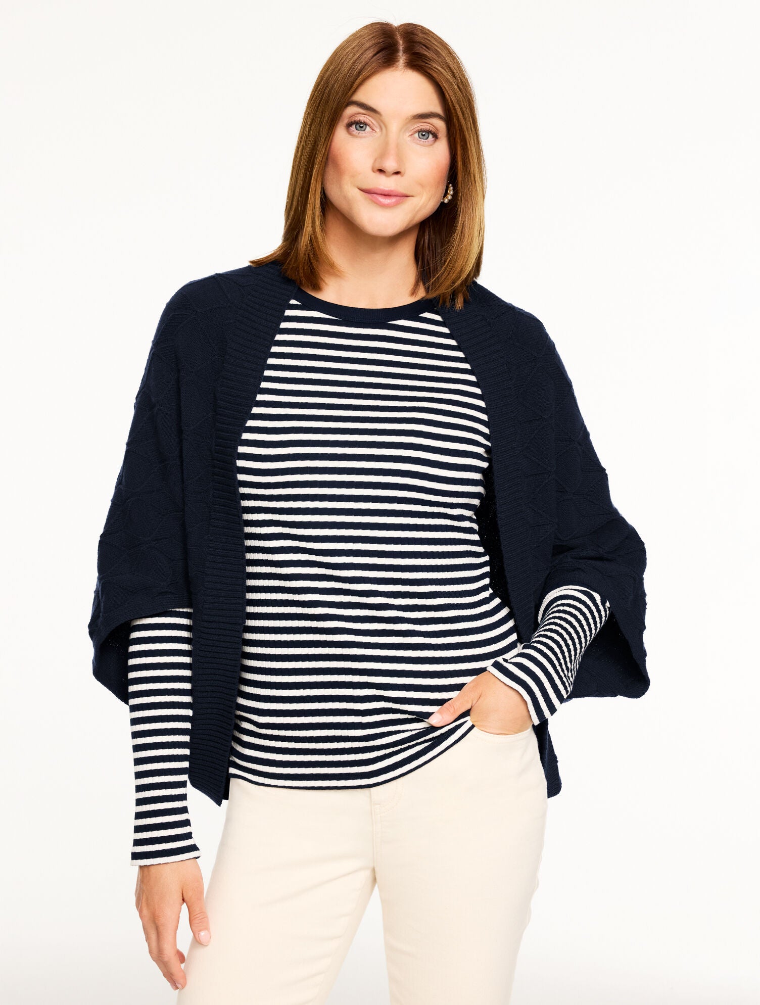INDIGO BLUE ECHO MIXED STITCH SHRUG | Talbots sale