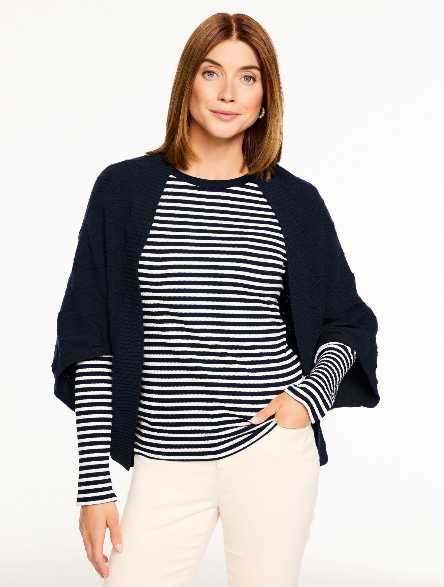 INDIGO BLUE ECHO MIXED STITCH SHRUG | Talbots online