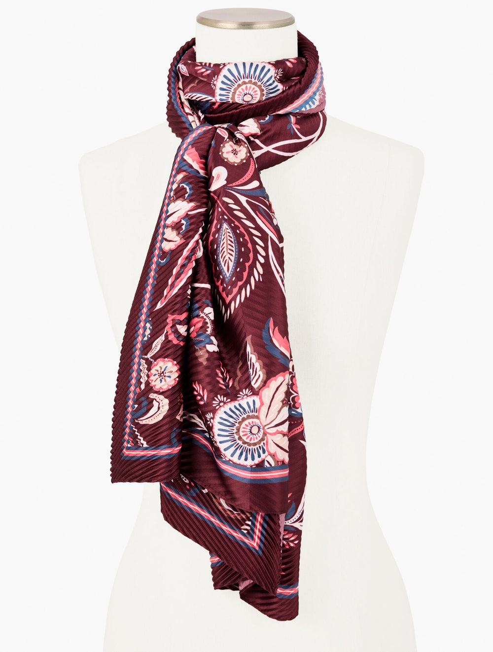 RICH BURGUNDY MULTI ECHO PLEATED LIVELY FLORAL OBLONG SCARF | Talbots on sale