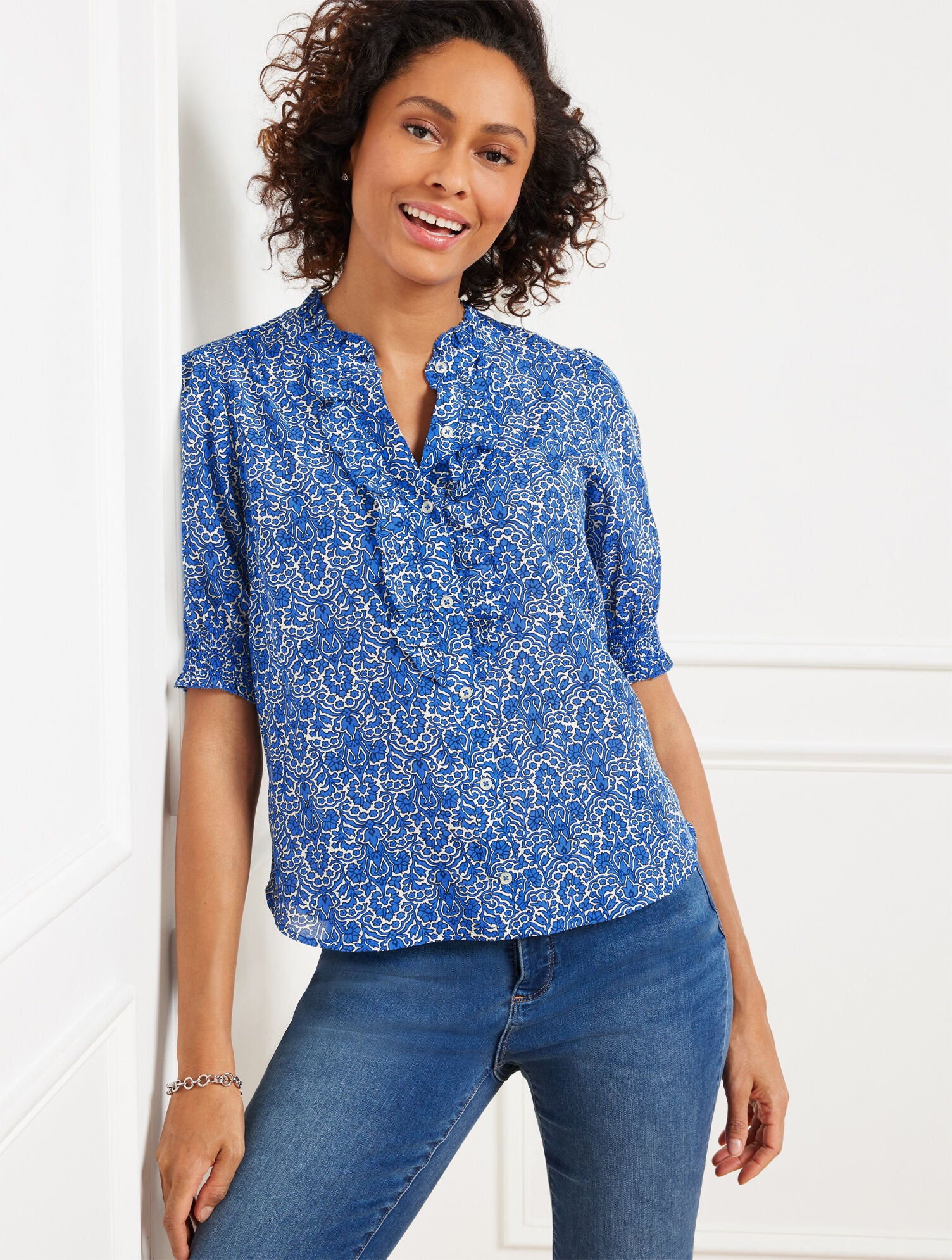 AZURE BLUE/IVORY RUFFLE BUTTON FRONT TOP - WOODLAND DAMASK | Talbots for sale