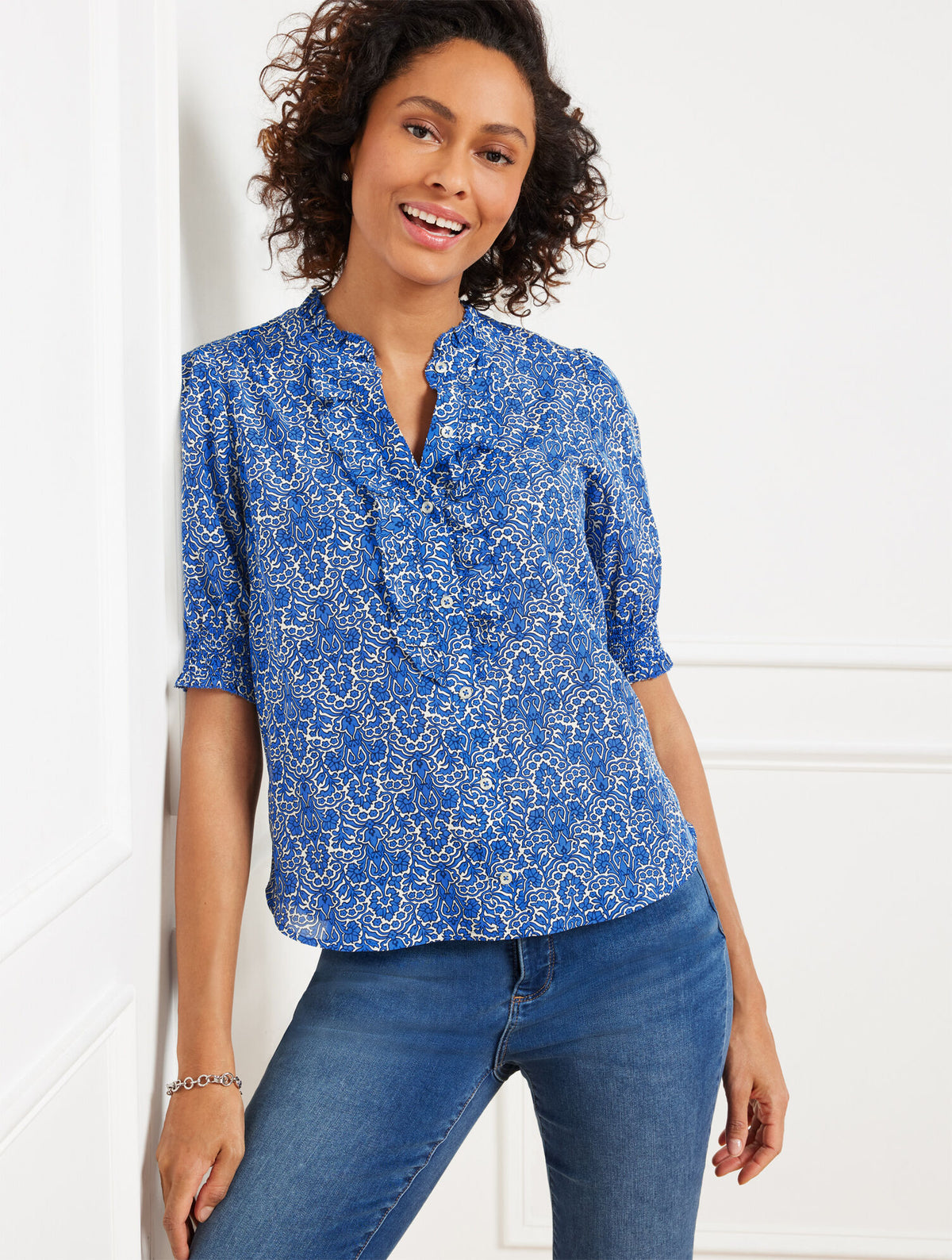 AZURE BLUE/IVORY RUFFLE BUTTON FRONT TOP - WOODLAND DAMASK | Talbots for sale